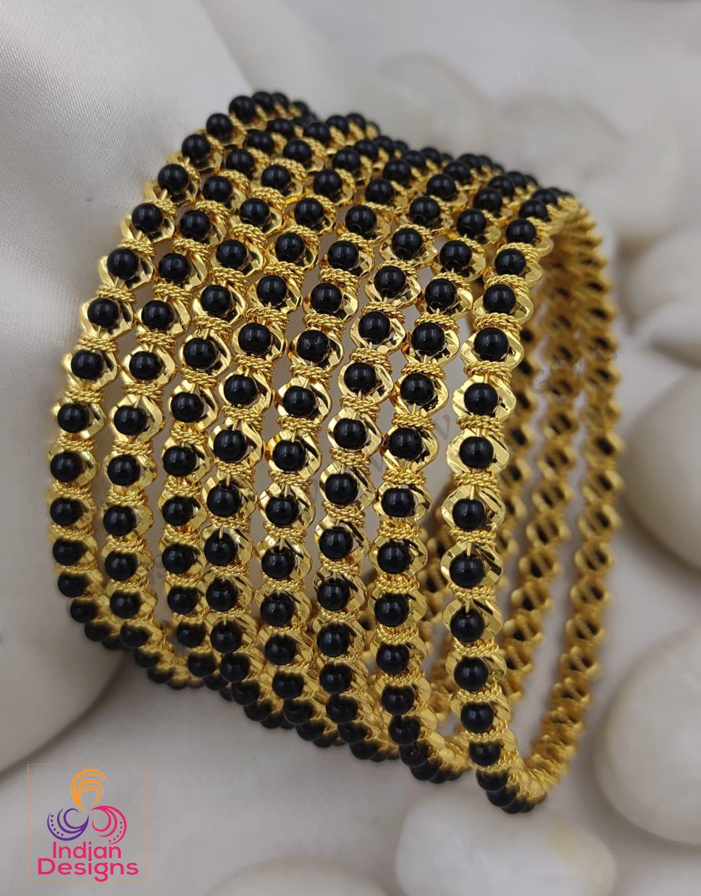 black beaded gold-tone bangle set| Daily Wear stackable Bangles| Traditional South Indian Jewelry| Mangalsutra Bangles Chudi| Gift for her