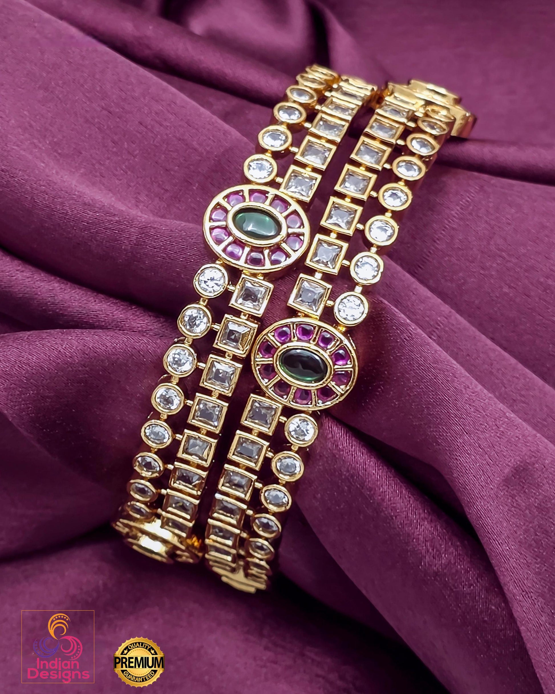 Gold Plated CZ Stone Bangle Pair| American Diamond Ruby Emerald Slip On Bracelet| Indian Wedding Jewelry | Geometric Crystal Bracelet