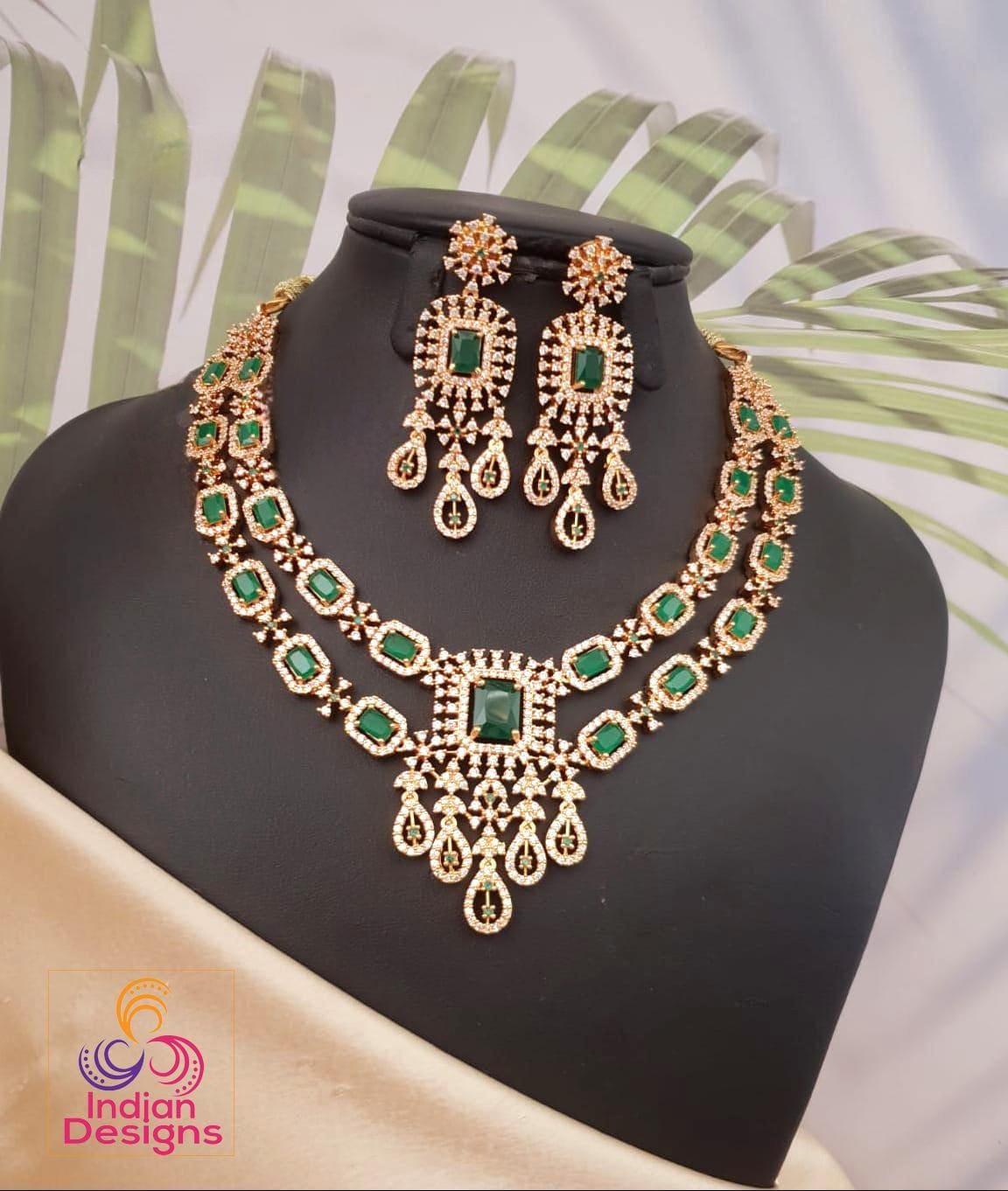 Exclusive Gold Plated American Diamond necklace with Emerald cut Green stones| Two layer AD necklace Indian Wedding jewelry set|Gift for her