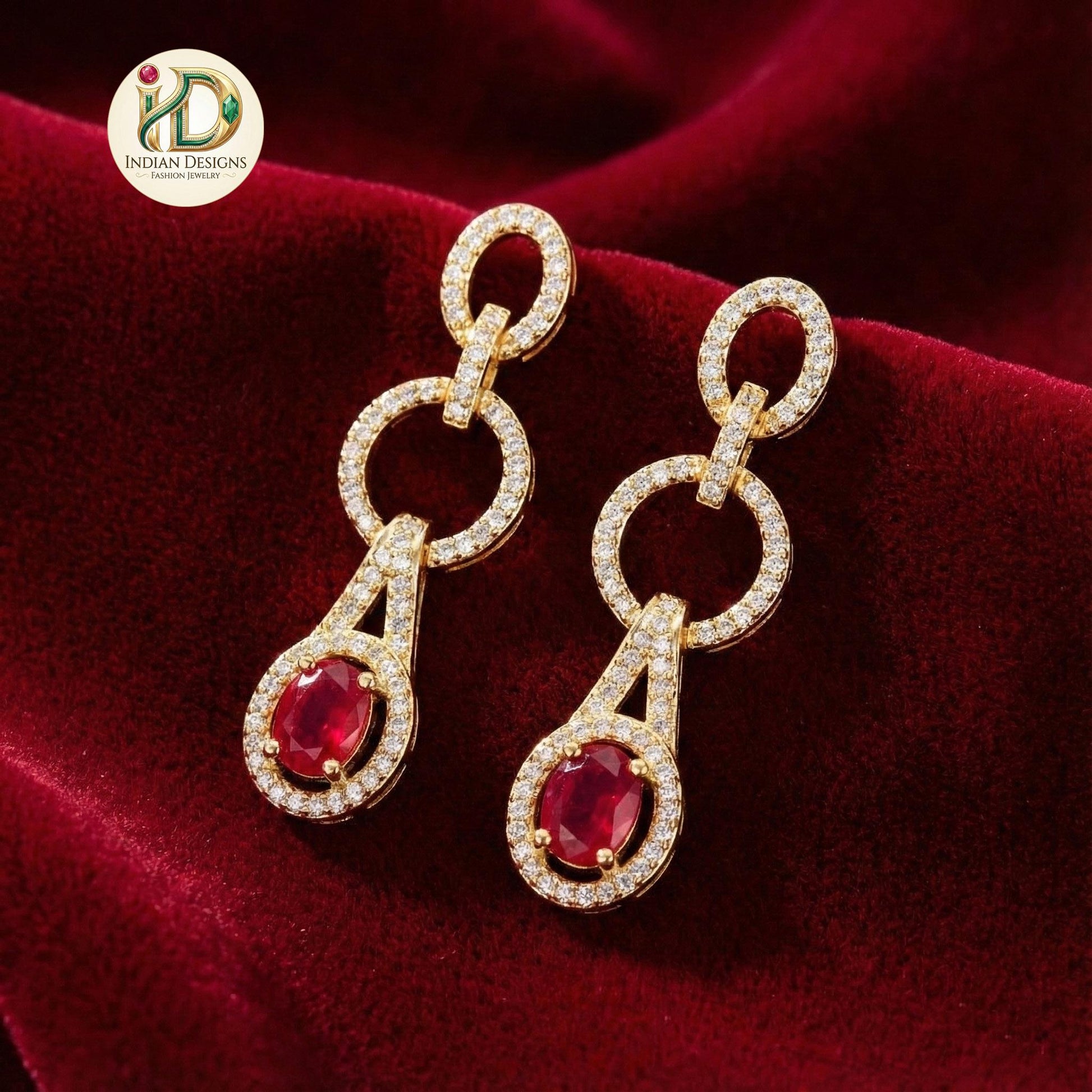 Interlocking Circle Drop Earrings| Modern Geometric Dangle Earrings| Gold Plated CZ Oval Stone Dangle| Contemporary Cocktail Earrings