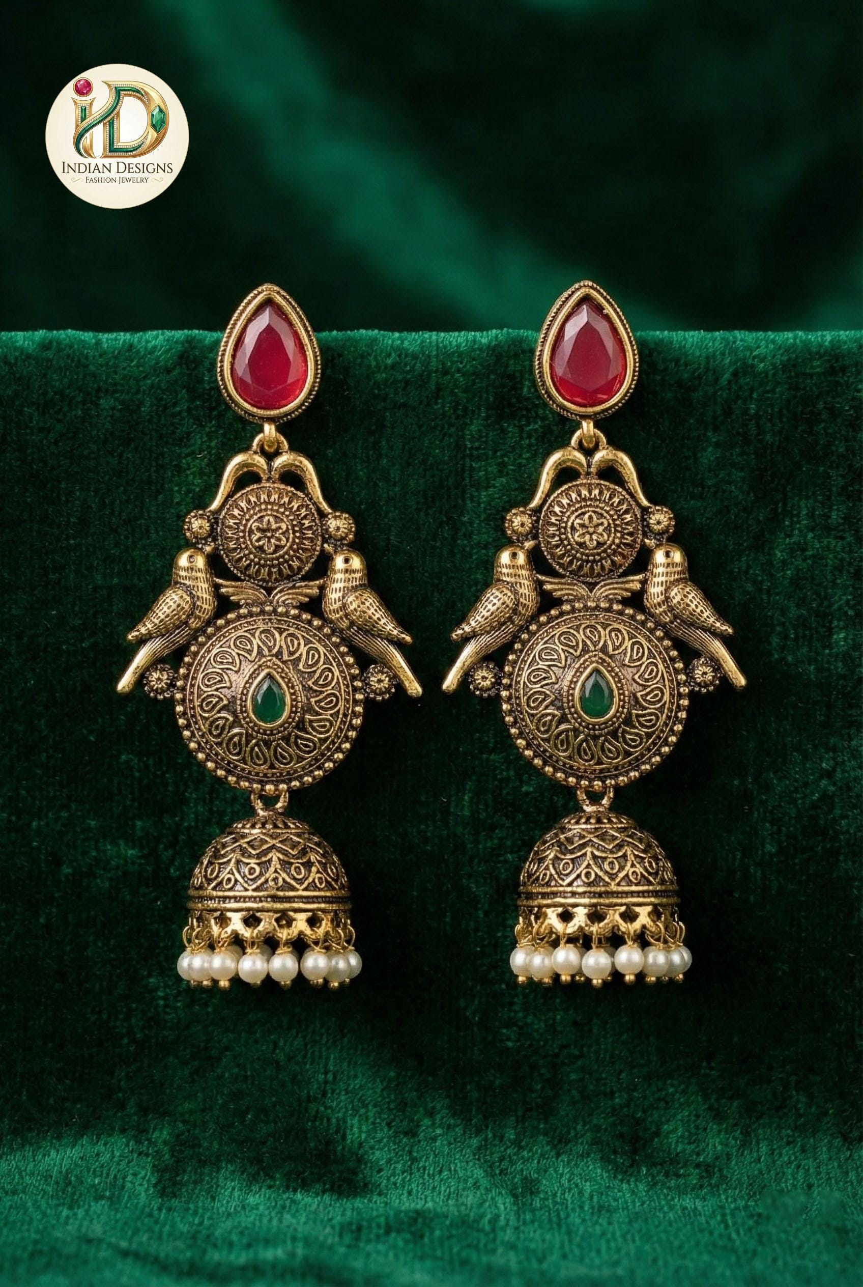 Antique Gold Peacock Jhumka Earrings| Indian Traditional Pearl Drop Jhumki| Matte Gold Finish Traditional Indian Jewelry| Gift for her