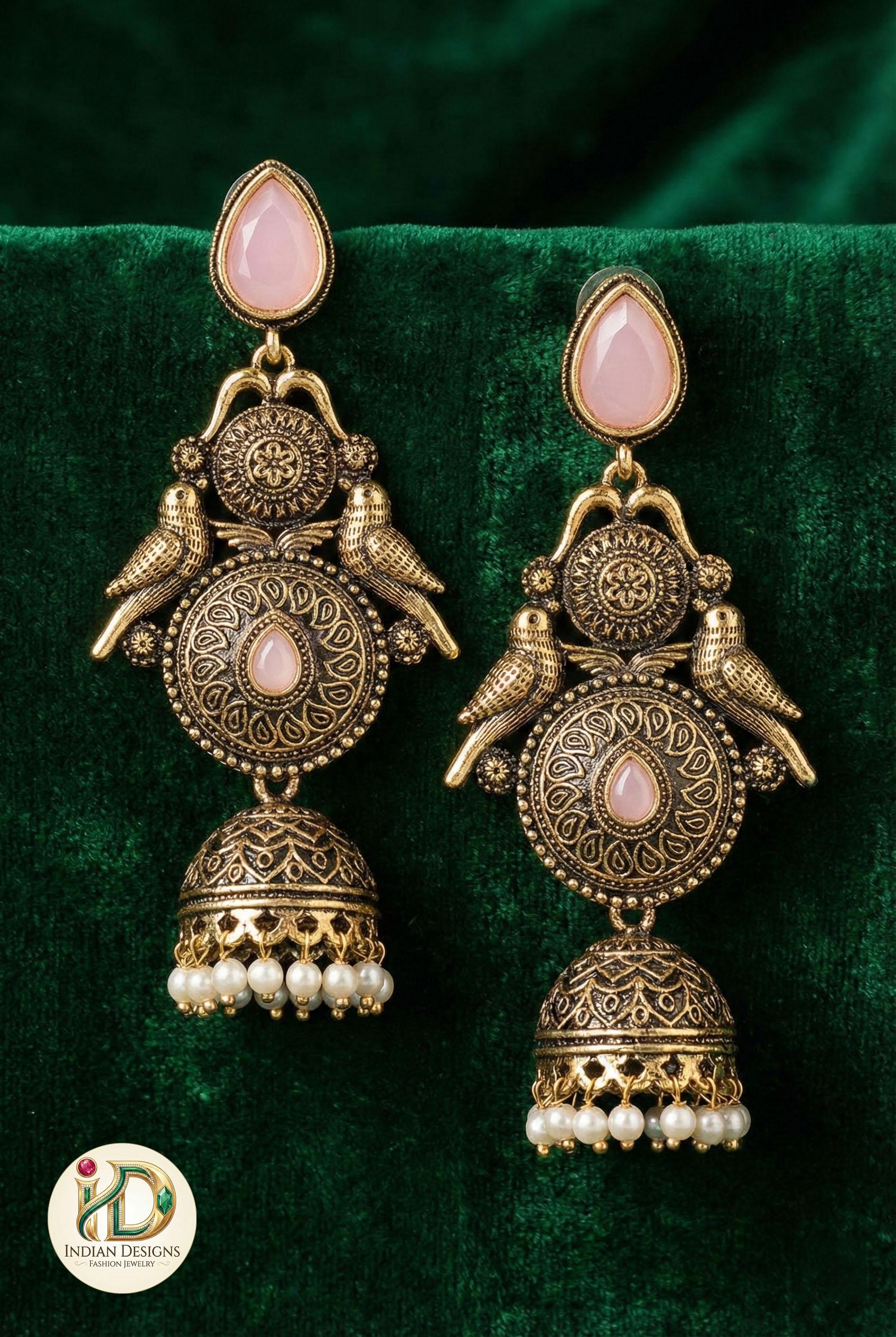 Antique Gold Peacock Jhumka Earrings| Indian Traditional Pearl Drop Jhumki| Matte Gold Finish Traditional Indian Jewelry| Gift for her