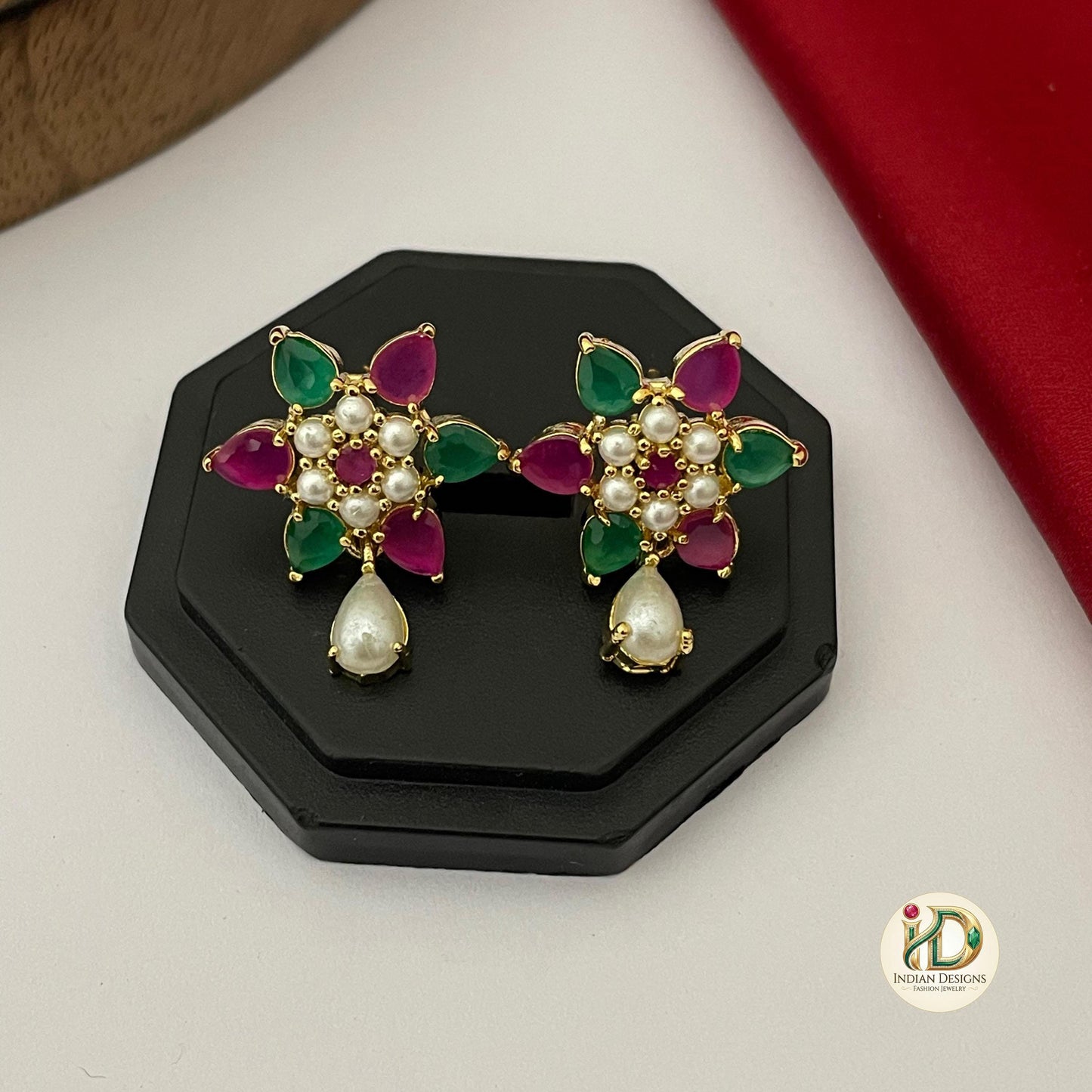 Gold Plated Pearl Flower Studs| Floral Stud Earrings with Pearl Drop| Lightweight Studs| Ruby Emerald Studs| Gold Plated Tops| Gif t for her