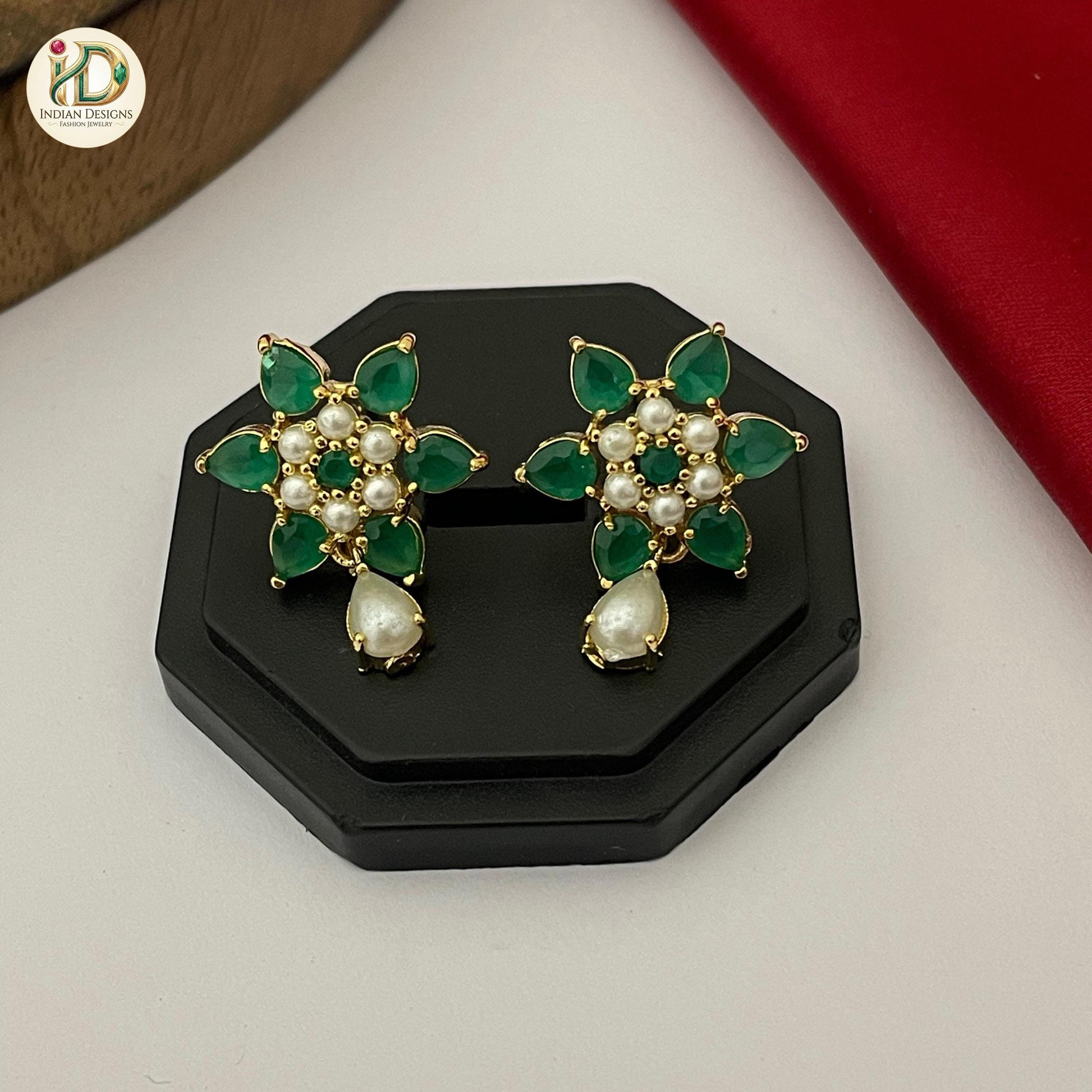 Gold Plated Pearl Flower Studs| Floral Stud Earrings with Pearl Drop| Lightweight Studs| Ruby Emerald Studs| Gold Plated Tops| Gif t for her