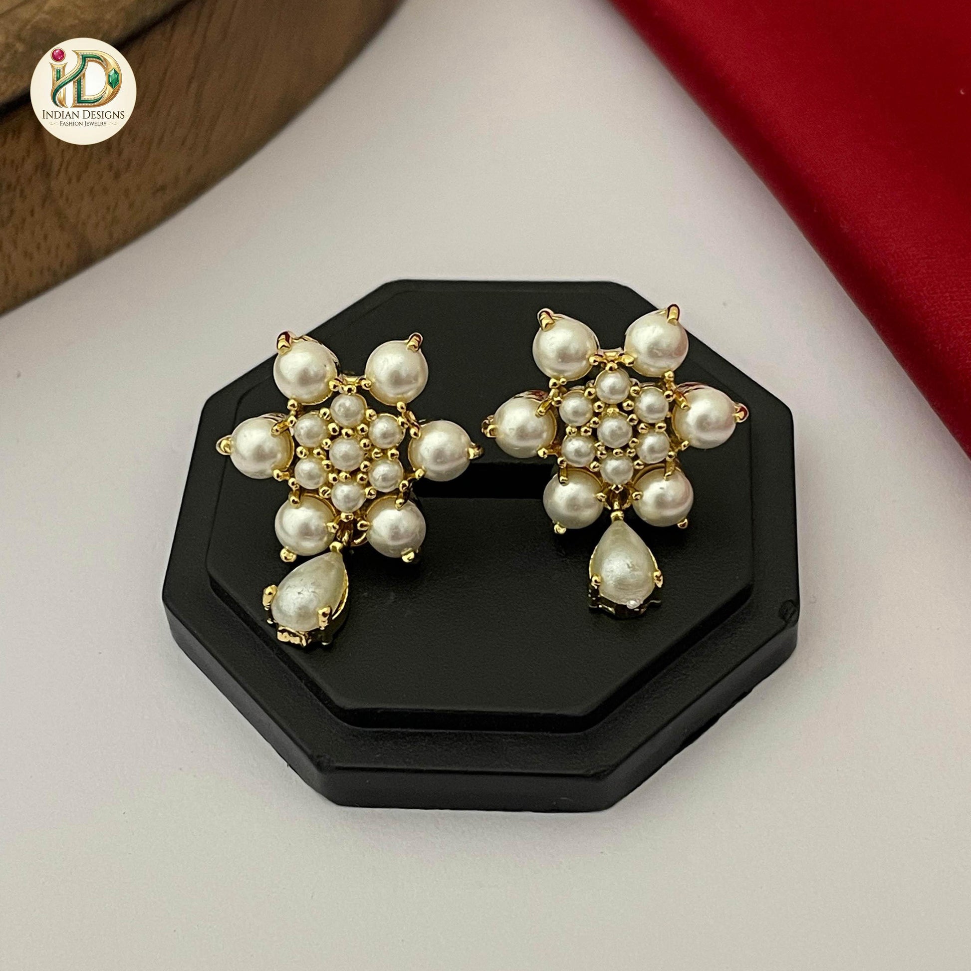 Gold Plated Pearl Stud Earrings| Floral Pearl Drop Tops| Classic White Flower Studs| Indian Pearl Studs| Gift for her