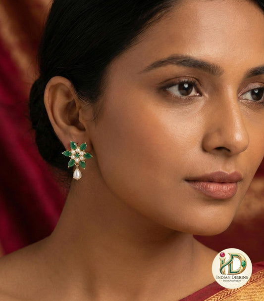 Gold Plated Pearl Flower Studs| Floral Stud Earrings with Pearl Drop| Lightweight Studs| Ruby Emerald Studs| Gold Plated Tops| Gif t for her