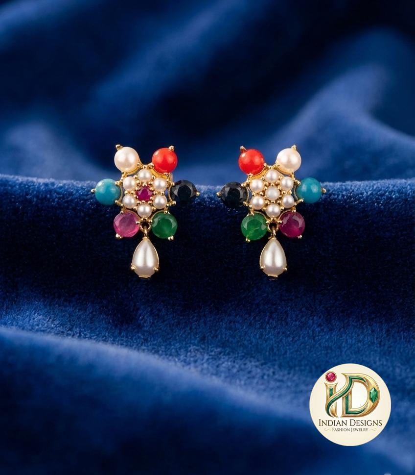 Multi Color Stone Studs| Pearl Drop Floral Earrings| Navratna Style Gold Plated Tops| 1 Inch Festive Jewelry| Colorful Earrings|Gift for her