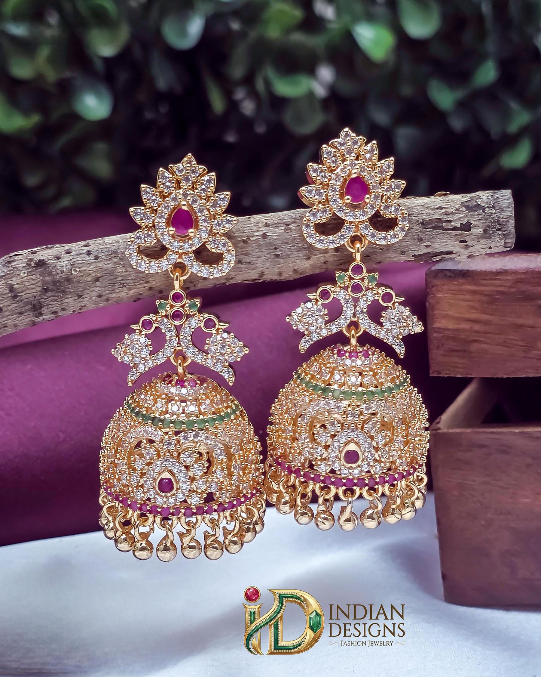 Gold Plated AD stone Big Jhumka Earrings | Latest Designs American Diamond Emerald Ruby stone Jhumka Jhumki| Gift for her