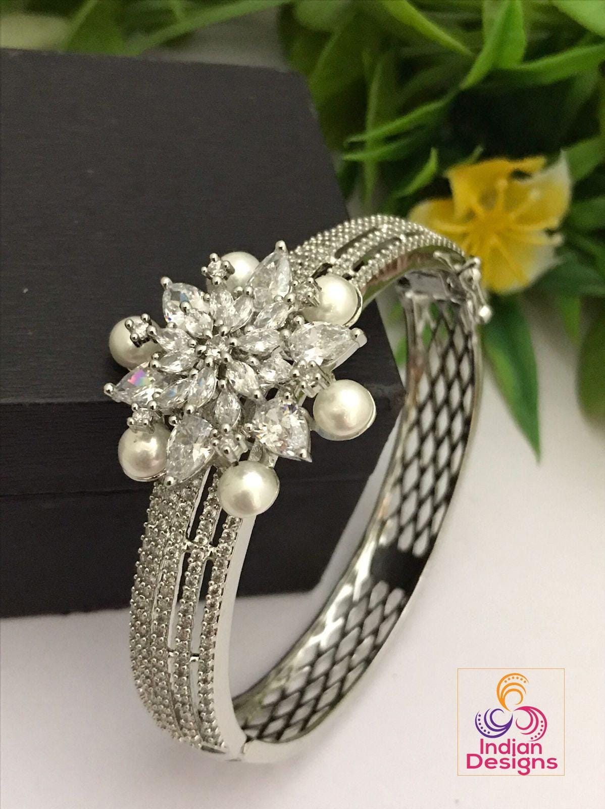 American diamond kada bangle bracelet | CZ stone bangles Silver | Hand Crafted Openable bangles | AD pearls Kada bangle with Floral Design