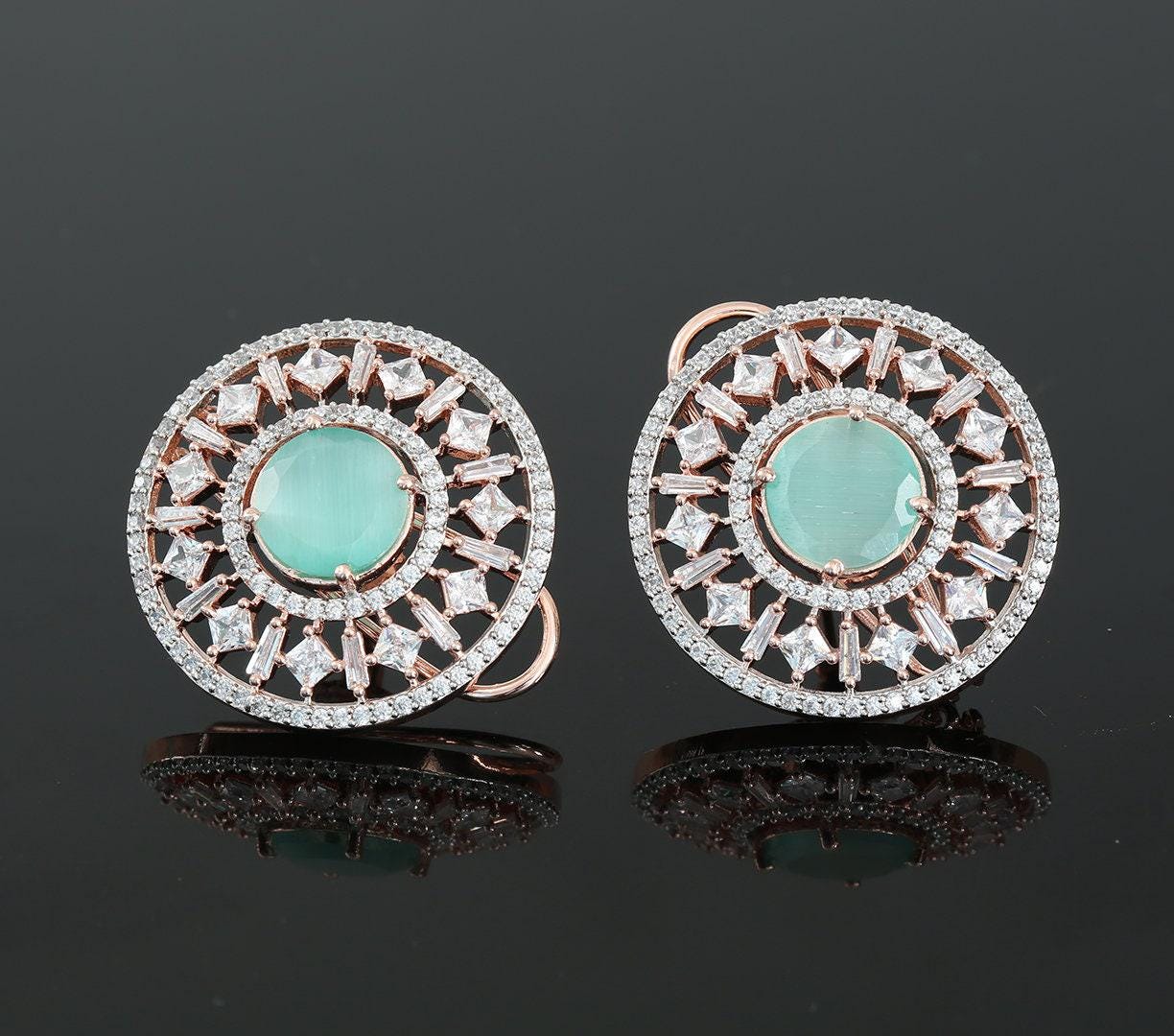 New Fashion Clip on Stud Tops with American Diamonds and Topaz CZ Stones|Traditional Bollywood Fashion Stud Earrings|Indian Jewelry
