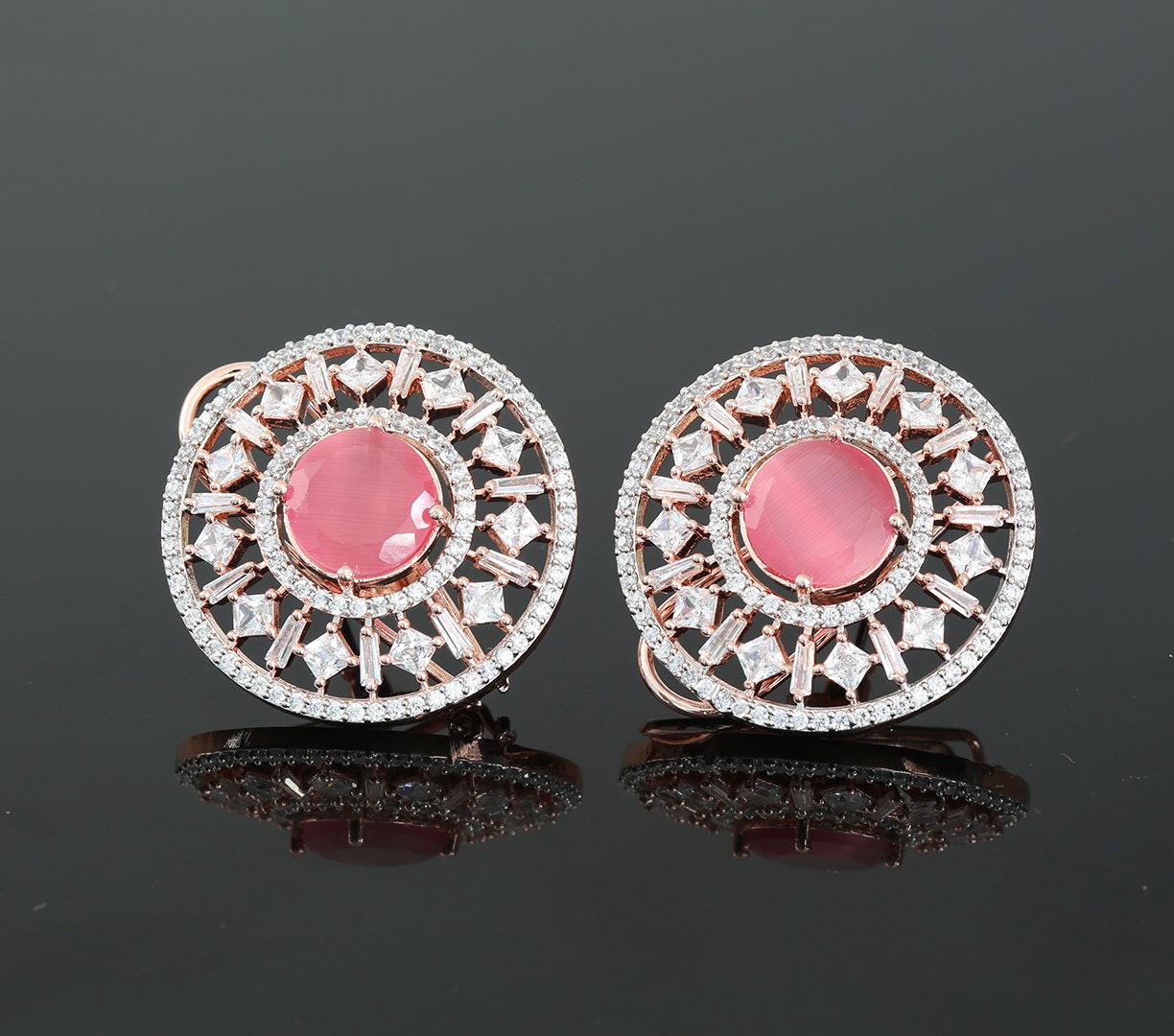 New Fashion Clip on Stud Tops with American Diamonds and Topaz CZ Stones|Traditional Bollywood Fashion Stud Earrings|Indian Jewelry