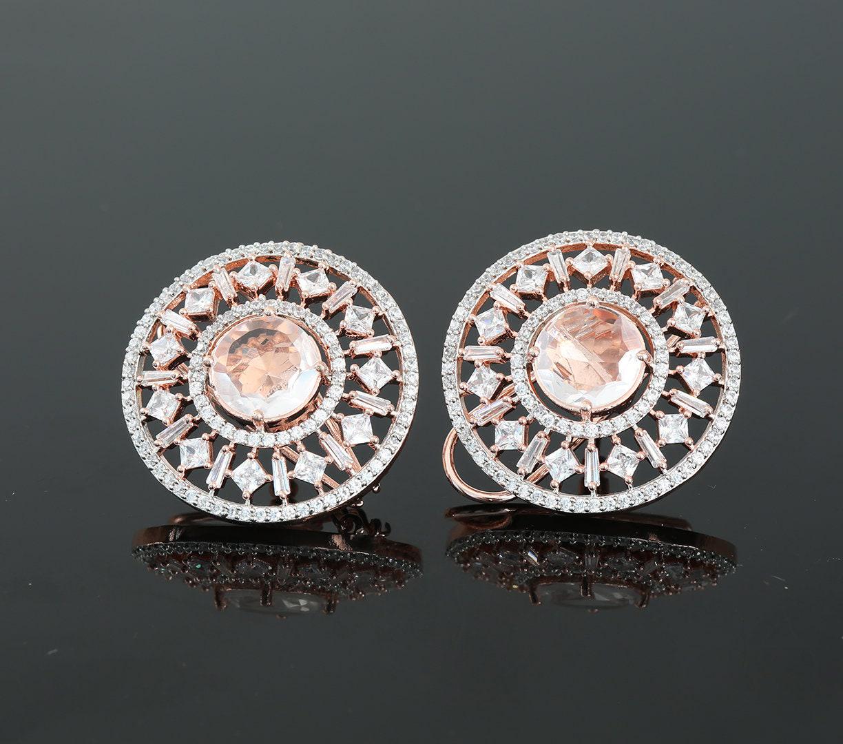 New Fashion Clip on Stud Tops with American Diamonds and Topaz CZ Stones|Traditional Bollywood Fashion Stud Earrings|Indian Jewelry