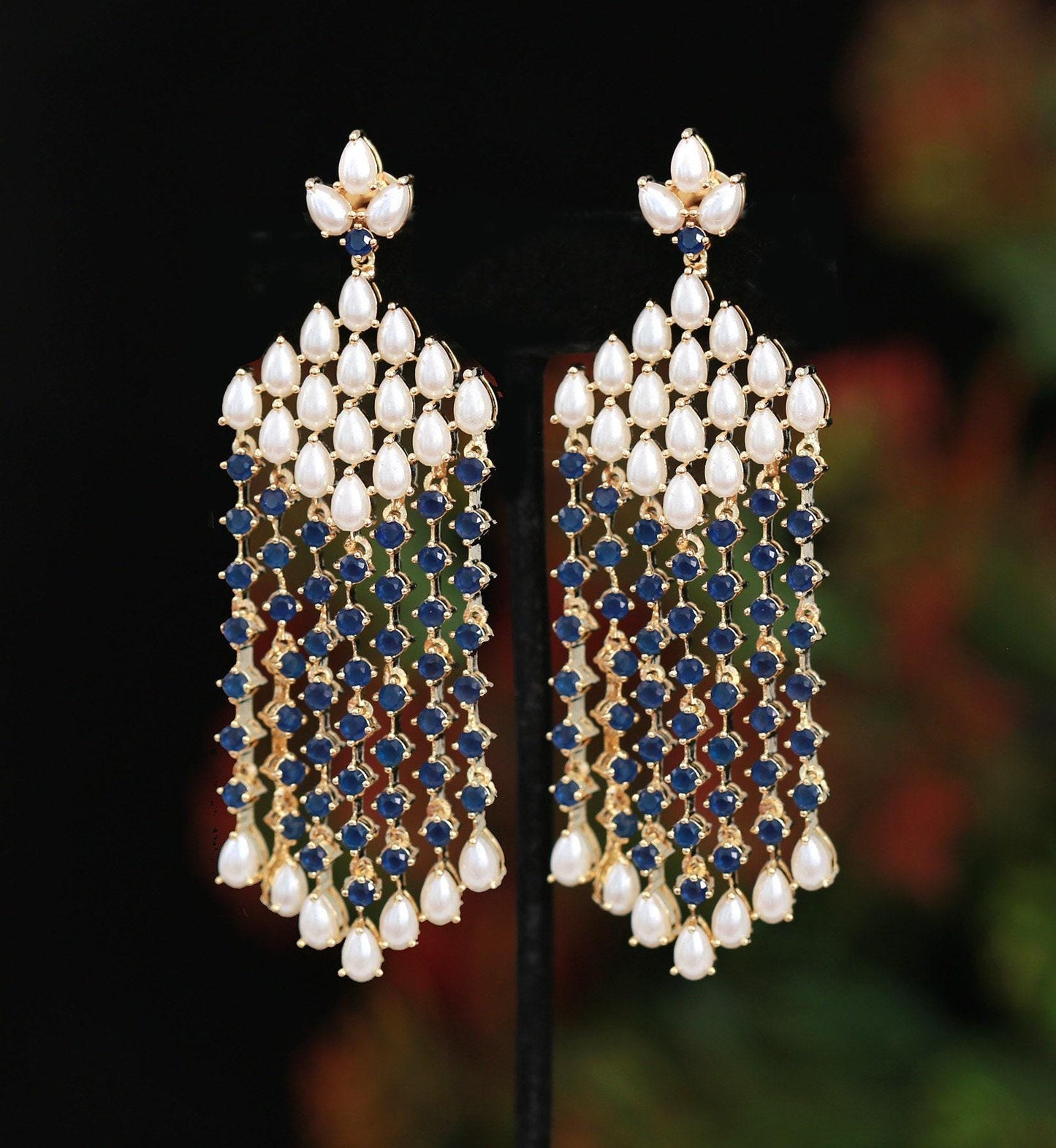Turquoise and Pearl Multi-strand Long drop Earrings in Gold Tone|celebrity turquoise earrings|Natural pearl drop earrings