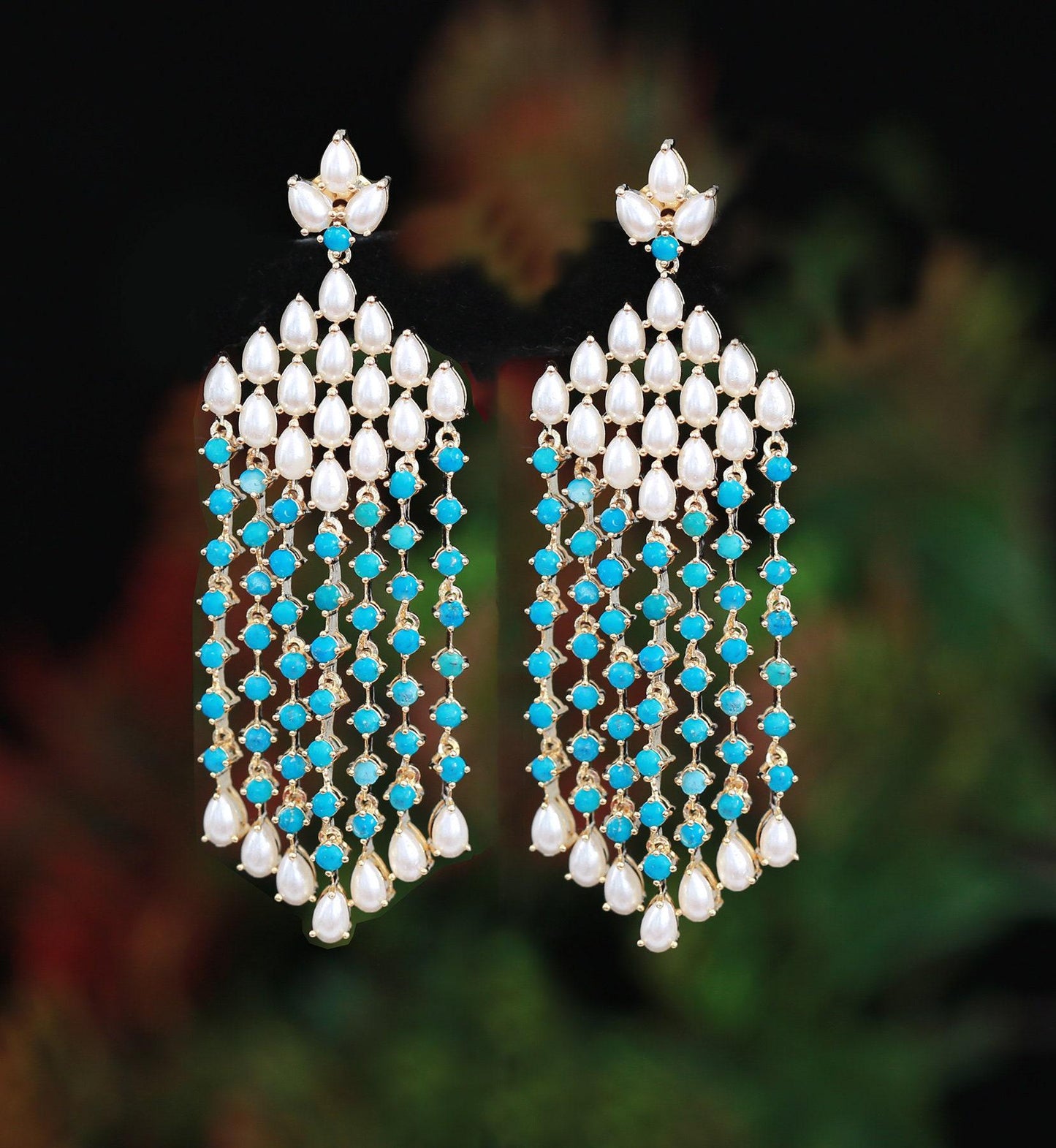 Turquoise and Pearl Multi-strand Long drop Earrings in Gold Tone|celebrity turquoise earrings|Natural pearl drop earrings