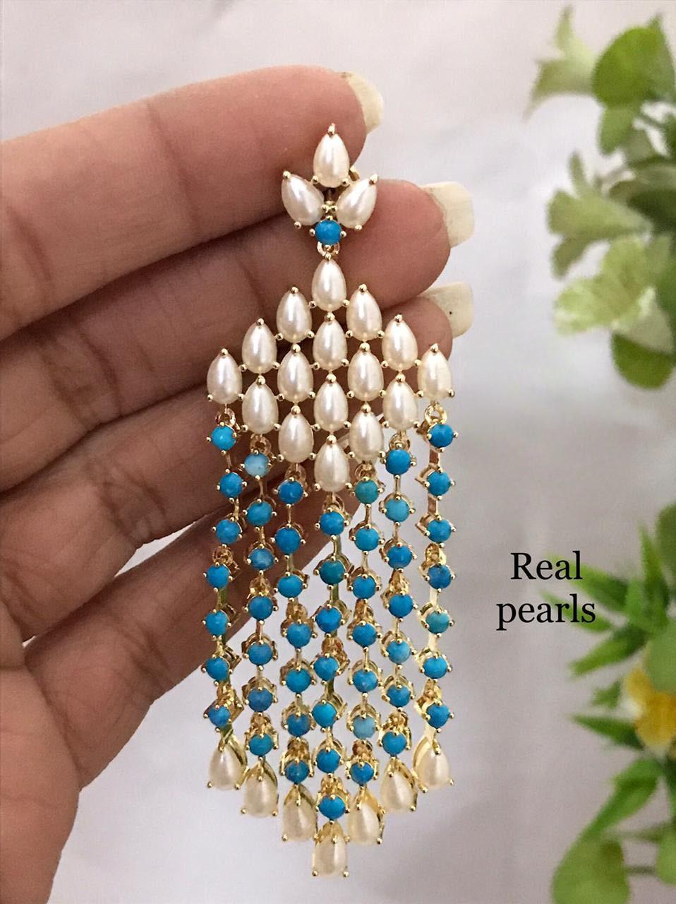 Turquoise and Pearl Multi-strand Long drop Earrings in Gold Tone|celebrity turquoise earrings|Natural pearl drop earrings