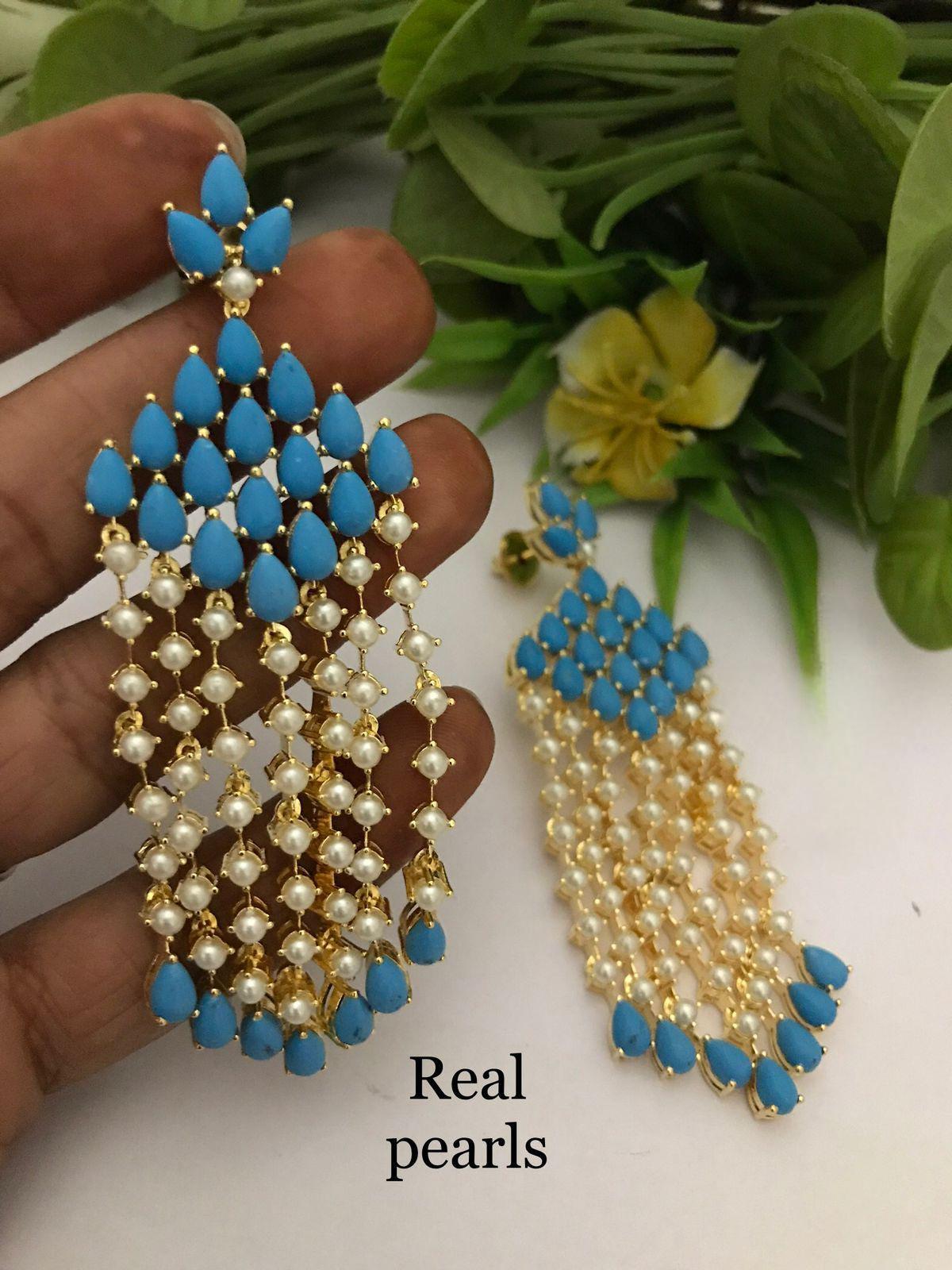 Turquoise and Pearl Multi-strand Long drop Earrings in Gold Tone|celebrity turquoise earrings|Natural pearl drop earrings