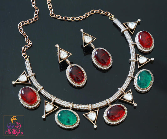 Purple Doublet and Moissanite Stone Necklace & Earring Set| Victorian Gold Purple Kundan Sabyasachi Inspired Jewelry| Statement necklace set