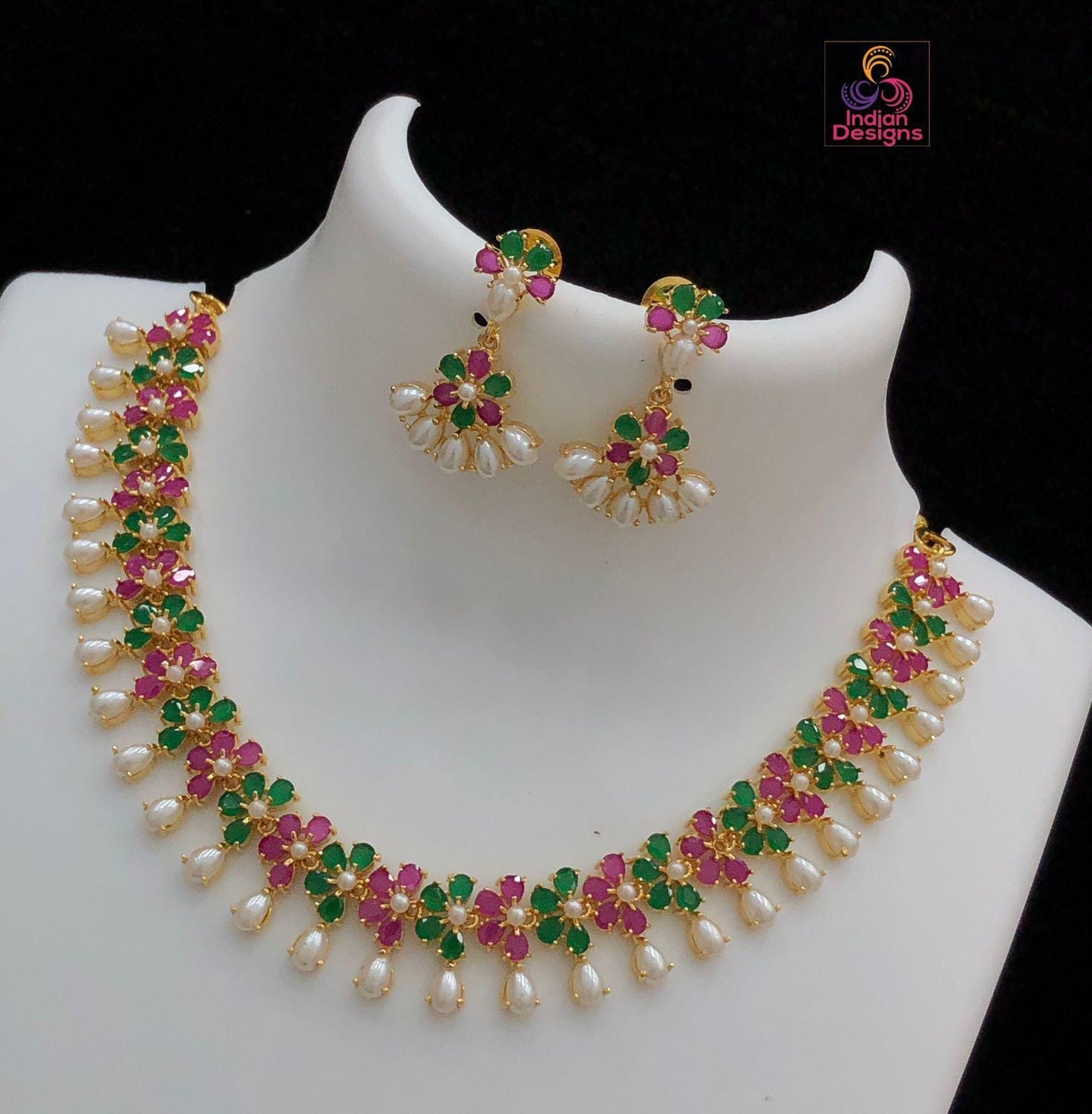 Gold Plated Exclusive Pearls and Red coral stones Floral motif Necklace | Indian Jewelry | Gift for her