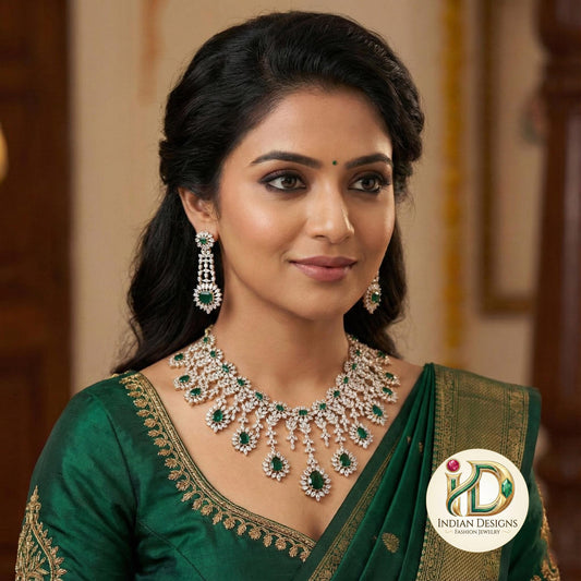 Emerald Green American Diamond Necklace Set| Gold CZ Bridal Choker| Indian Wedding Jewelry| Diamond Look Statement Necklace| Gift for her