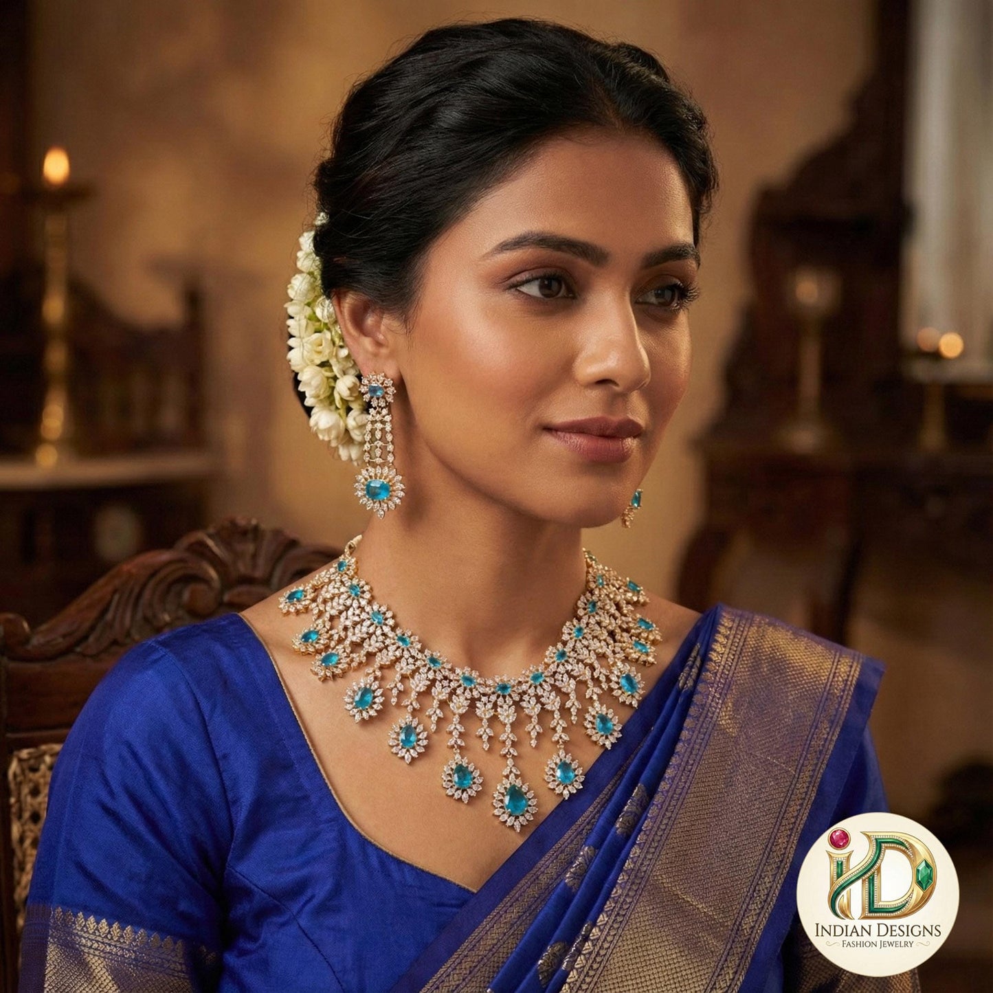 Blue American Diamond Necklace Set| Gold CZ Bridal Choker| Indian Wedding Jewelry| Diamond Look Statement Necklace| Gift for her