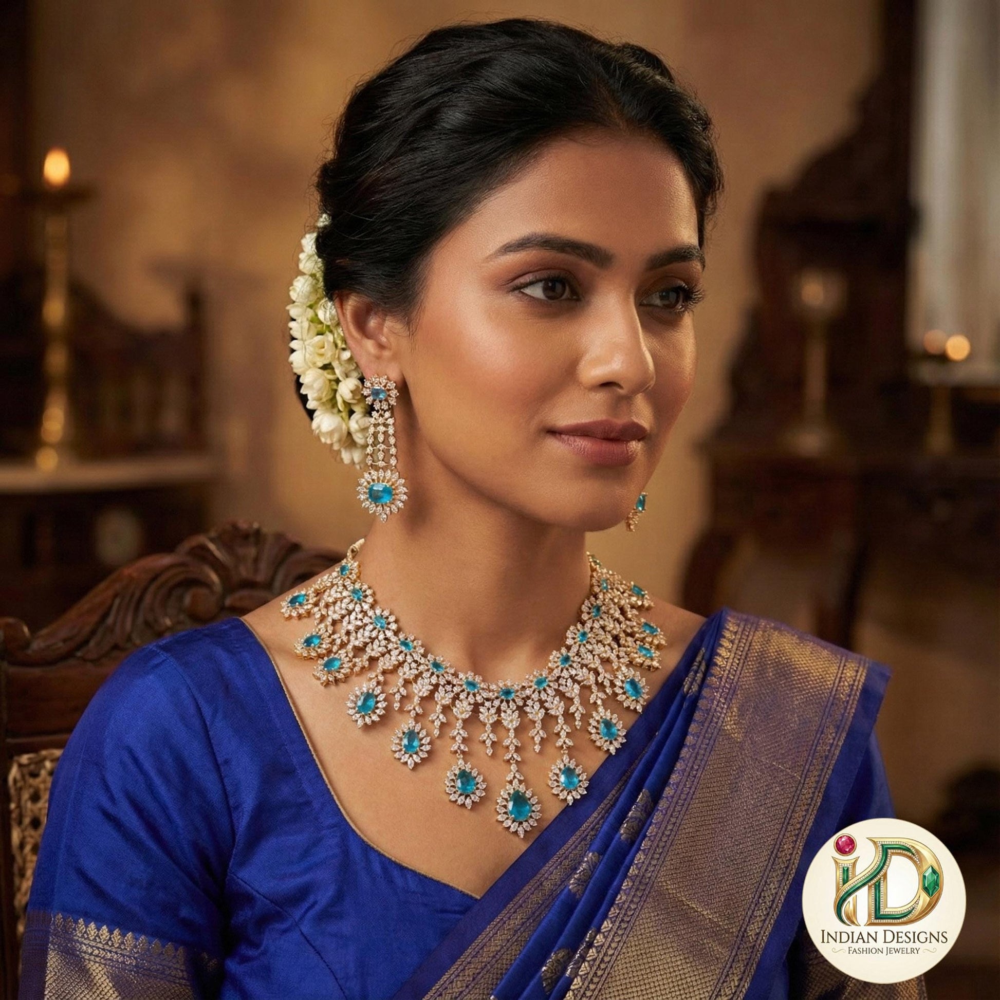 Blue American Diamond Necklace Set| Gold CZ Bridal Choker| Indian Wedding Jewelry| Diamond Look Statement Necklace| Gift for her