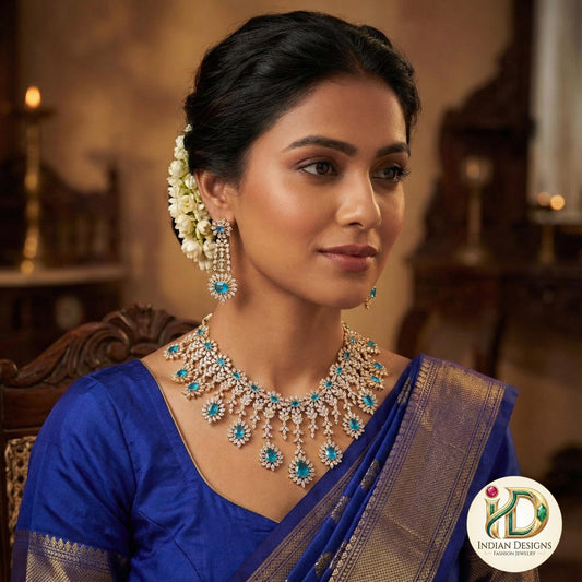 Blue American Diamond Necklace Set| Gold CZ Bridal Choker| Indian Wedding Jewelry| Diamond Look Statement Necklace| Gift for her