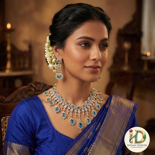 Blue American Diamond Necklace Set| Gold CZ Bridal Choker| Indian Wedding Jewelry| Diamond Look Statement Necklace| Gift for her