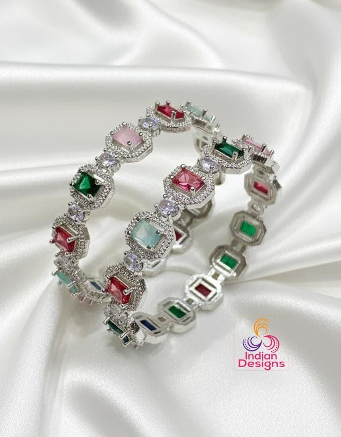 American diamond bangles| cz stone bangles| silver finish ad bracelets| party wear ad kada set| wedding jewelry bangles| gift for her