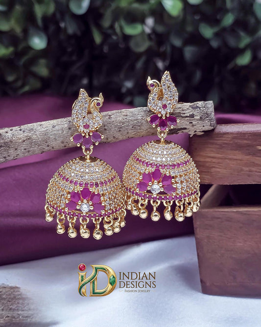 Peacock AD Jhumka Earrings Gold Plated| Ruby White American Diamond Temple Jhumkas| Bridal South Indian Jewelry|Gift for her