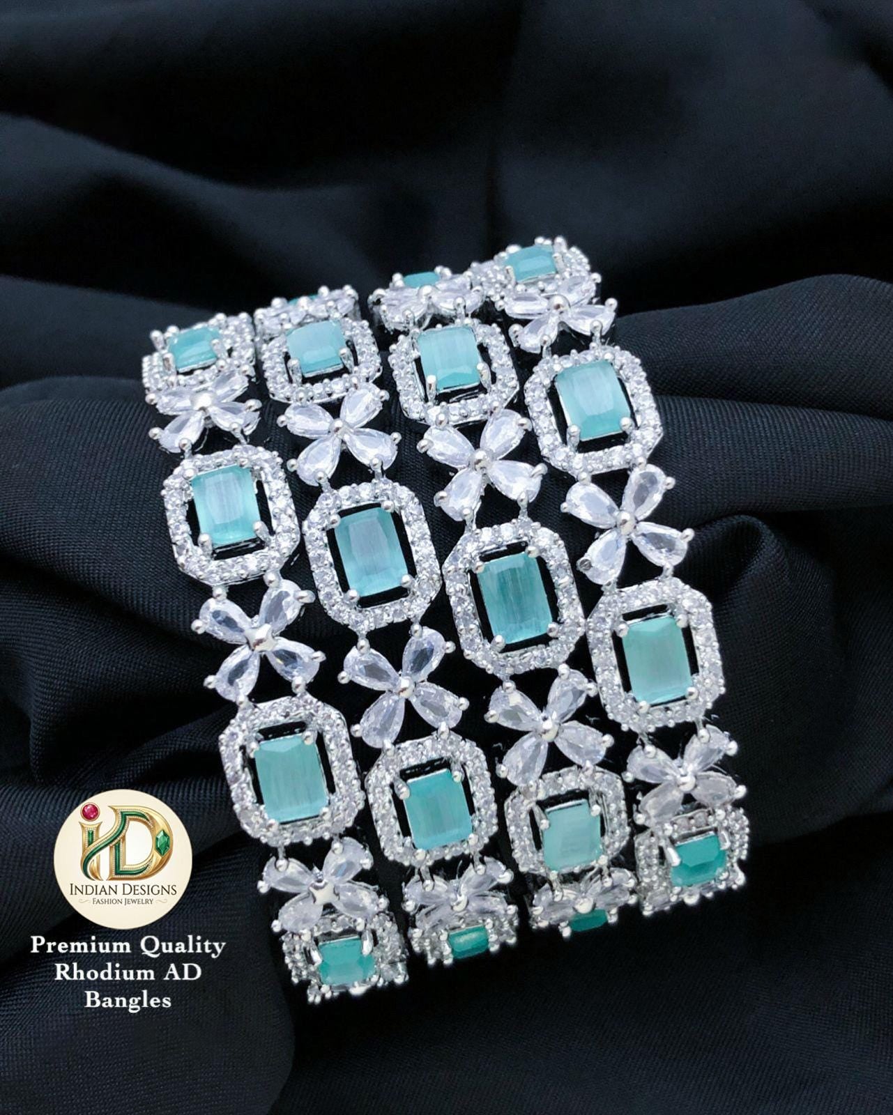 Rhodium Mint Green AD Bangles Set| American Diamond CZ Bridal Bracelets| Pastel Green Stone Indian Wedding Kada| Silver Plated Bangle Set.