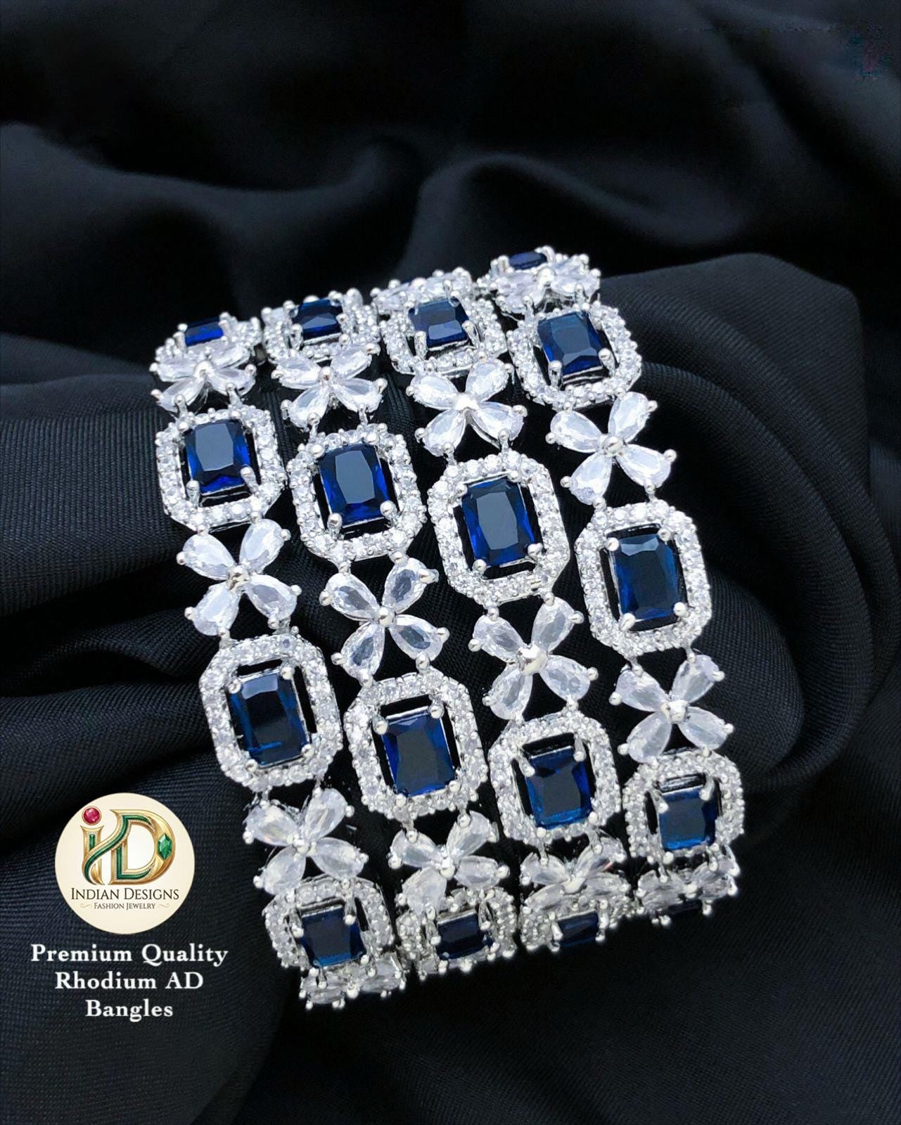 Blue Sapphire Silver AD Bangles Set| American Diamond CZ Bridal Bracelets| Pastel Green Stone Indian Wedding Kada| Rhodium Plated Bangle Set
