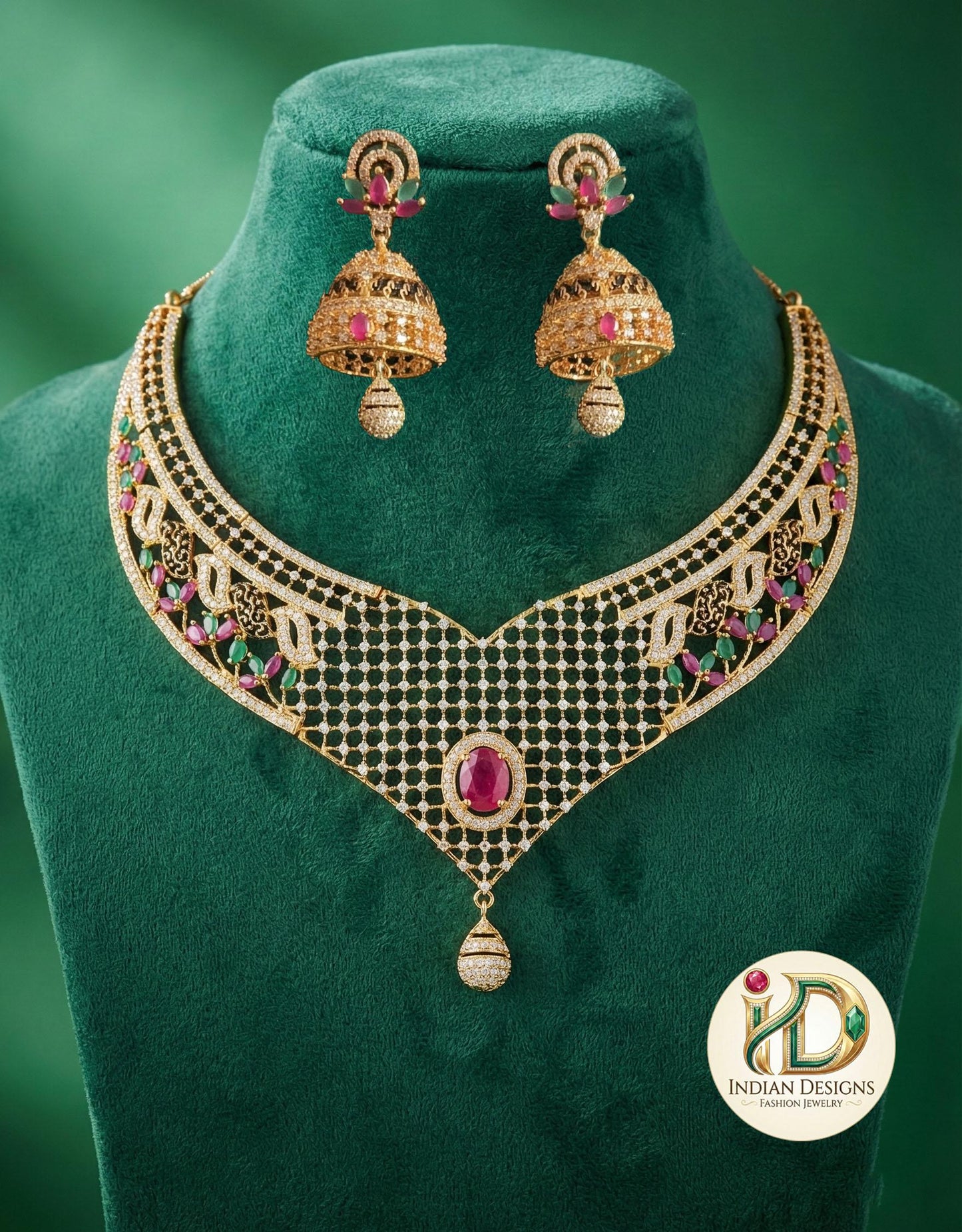 Gold-Plated Designer Net Necklace Set with Ruby, Emerald, and White CZ Stones – Bridal Jewelry with Jhumkas for Weddings & Special Occasions