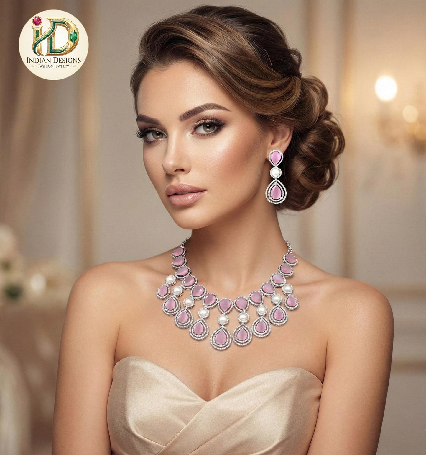 Exclusively High quality American diamond Tear drop Pear shaped CZ color stone Necklace | Silver AD necklace Earring set