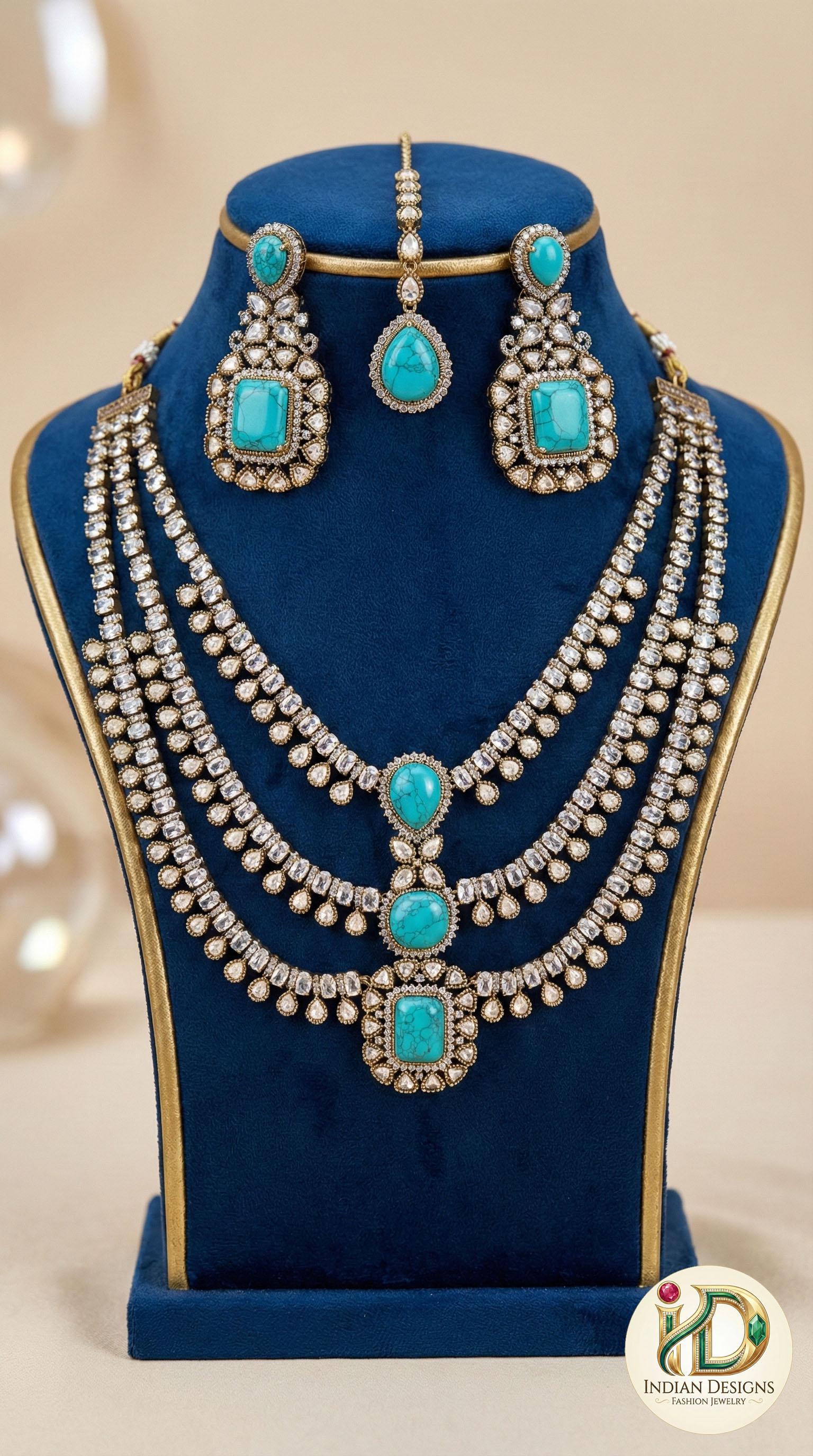 Turquoise Dull-Gold Moissanite Doublet Stone Necklace| Indian Wedding Jewelry| Sabyasachi Necklace| Multi-layered Necklace Set| gift for her