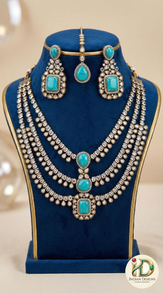 Turquoise Dull-Gold Moissanite Doublet Stone Necklace| Indian Wedding Jewelry| Sabyasachi Necklace| Multi-layered Necklace Set| gift for her