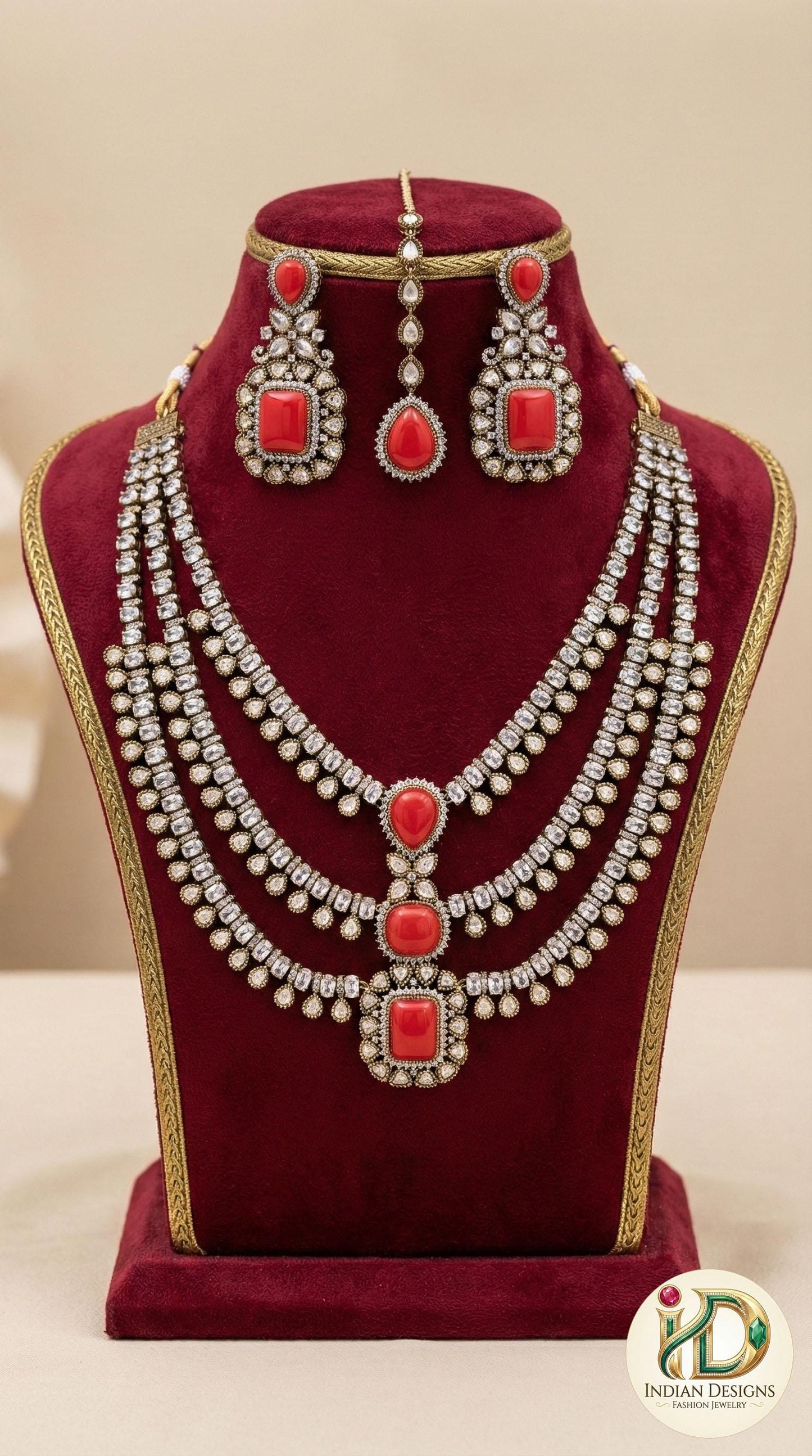 Red Doublet Stone Bridal Necklace Set, Long Indian Rani Haar, Antique Gold Jewelry, Wedding Maang Tikka set, Ruby Color Sabyasachi Style