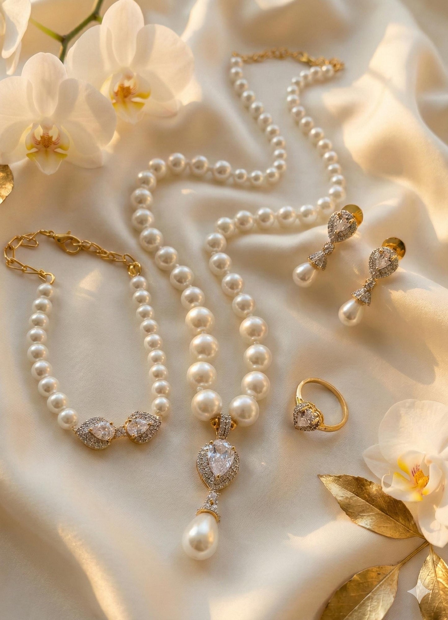 Pearl necklace set with bracelet & ring| gold plated cz teardrop pendant| crystal bridesmaid jewelry| modern wedding gift| party wear set