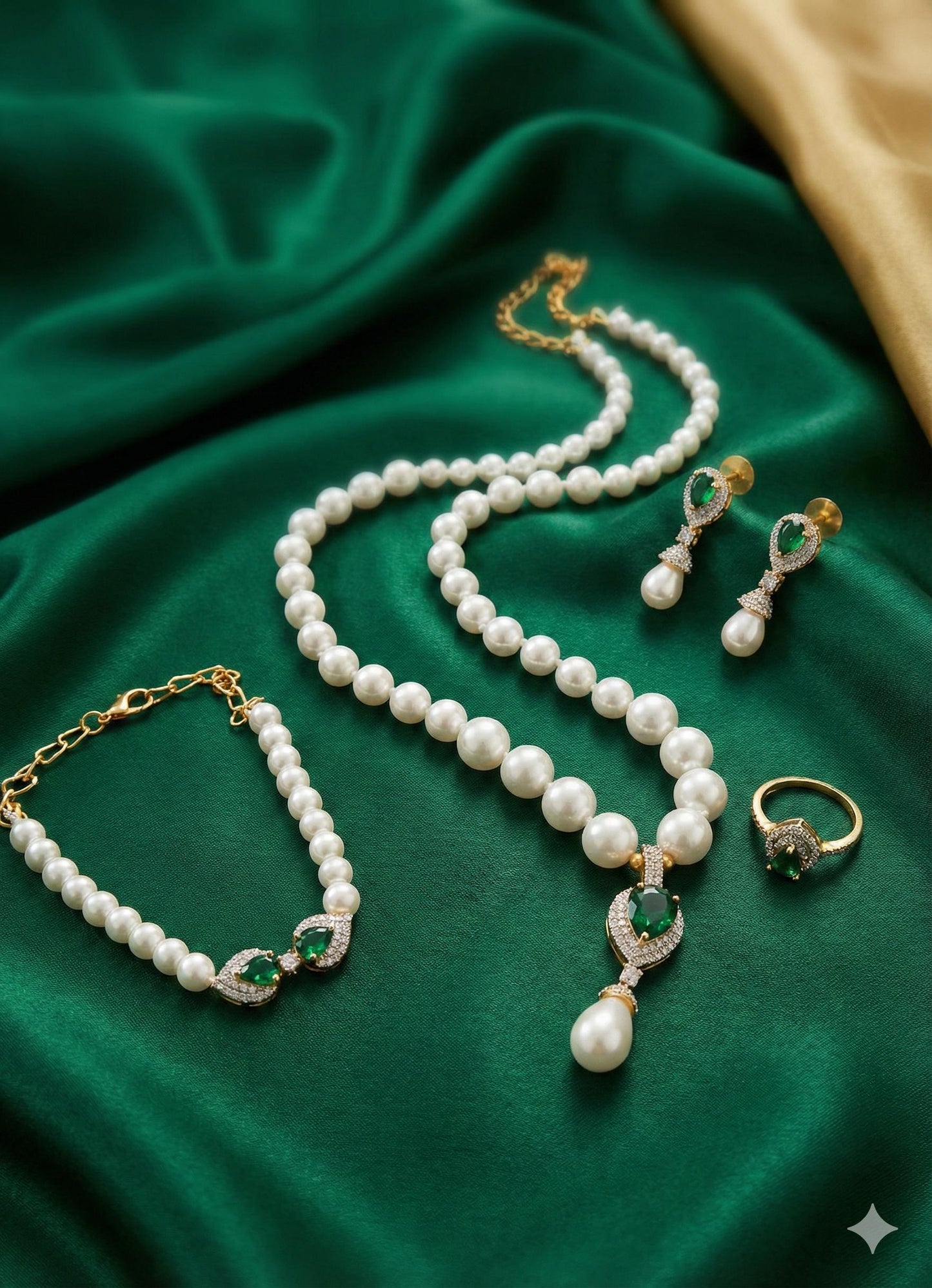 Pearl necklace set with bracelet & ring| gold plated cz teardrop pendant| crystal bridesmaid jewelry| modern wedding gift| party wear set