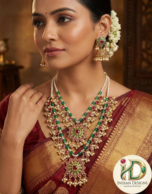 Pink Kemp stone Two layer necklace with Jhumka earrings,South Indian layered guttapusalu necklace, Jadau style Necklace