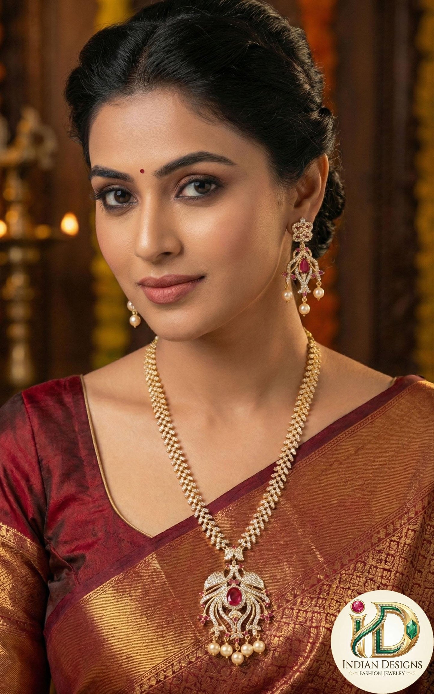 American Diamond Necklace Earring set Peacock Design |Gold Plated Peacock American Diamond Necklace with Ruby Emerald stones |Indian Jewelry