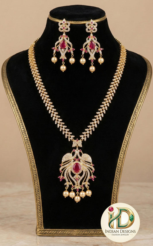 American Diamond Necklace Earring set Peacock Design |Gold Plated Peacock American Diamond Necklace with Ruby Emerald stones |Indian Jewelry