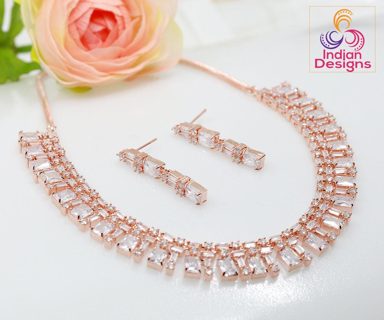 American diamond rose gold Necklace Earring set | Indian designs jewellery | Cubic zirconia Emerald Ruby necklace | Gift for girl friend