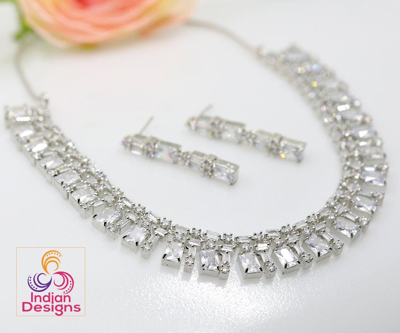 American diamond rose gold Necklace Earring set | Indian designs jewellery | Cubic zirconia Emerald Ruby necklace | Gift for girl friend