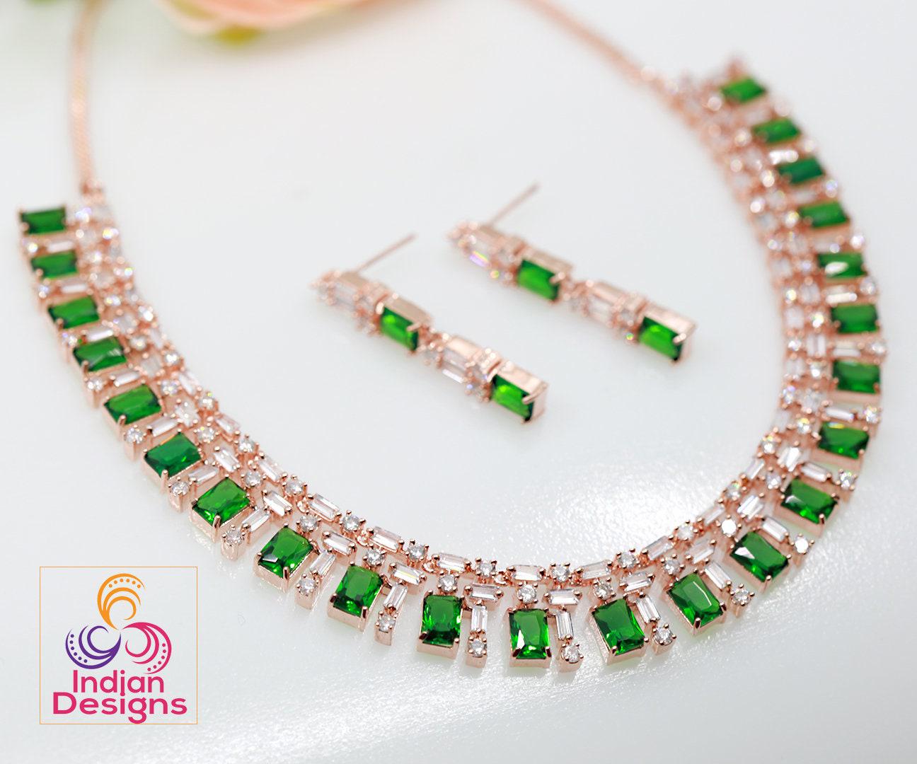 American diamond rose gold Necklace Earring set | Indian designs jewellery | Cubic zirconia Emerald Ruby necklace | Gift for girl friend