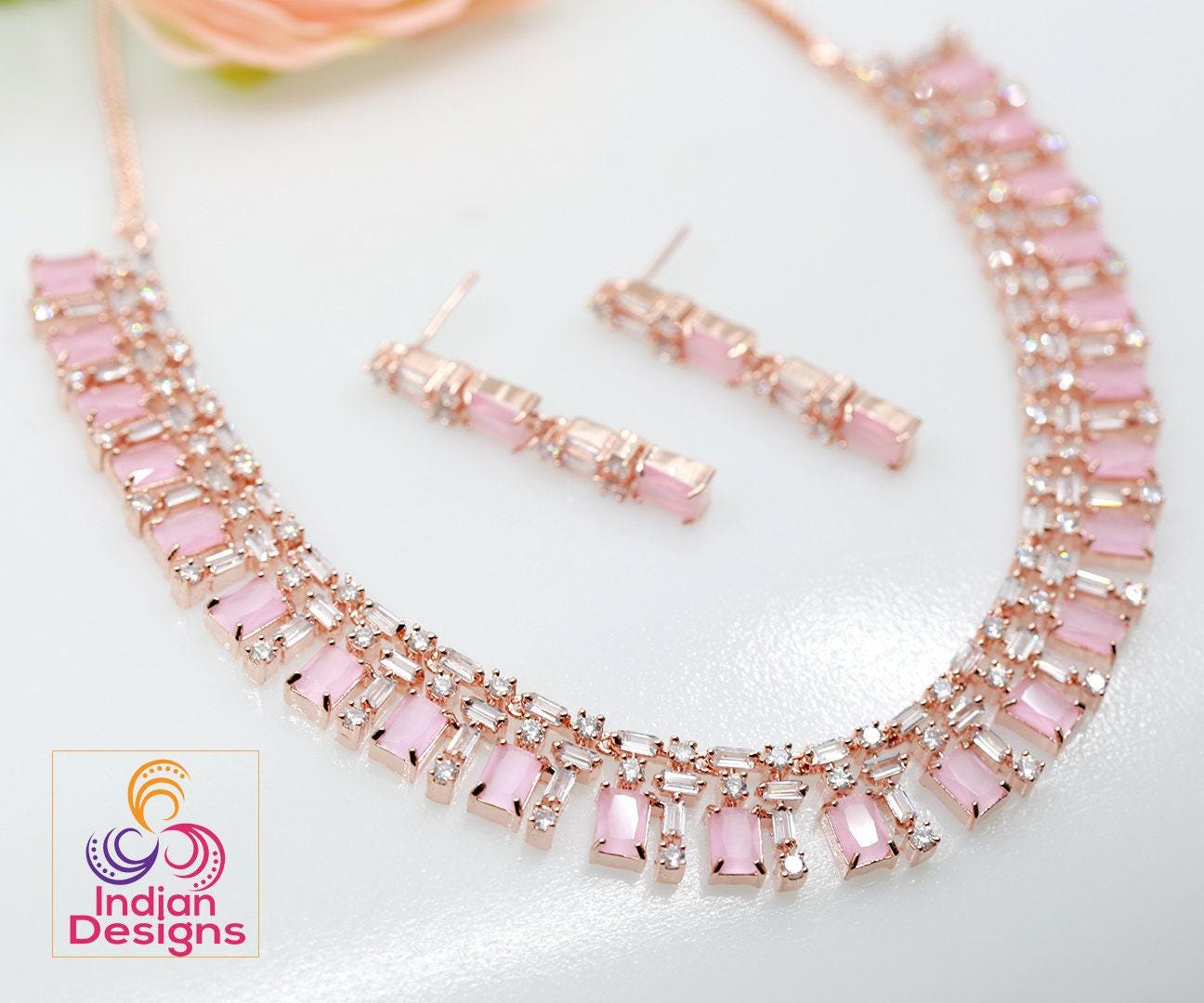 American diamond rose gold Necklace Earring set | Indian designs jewellery | Cubic zirconia Emerald Ruby necklace | Gift for girl friend