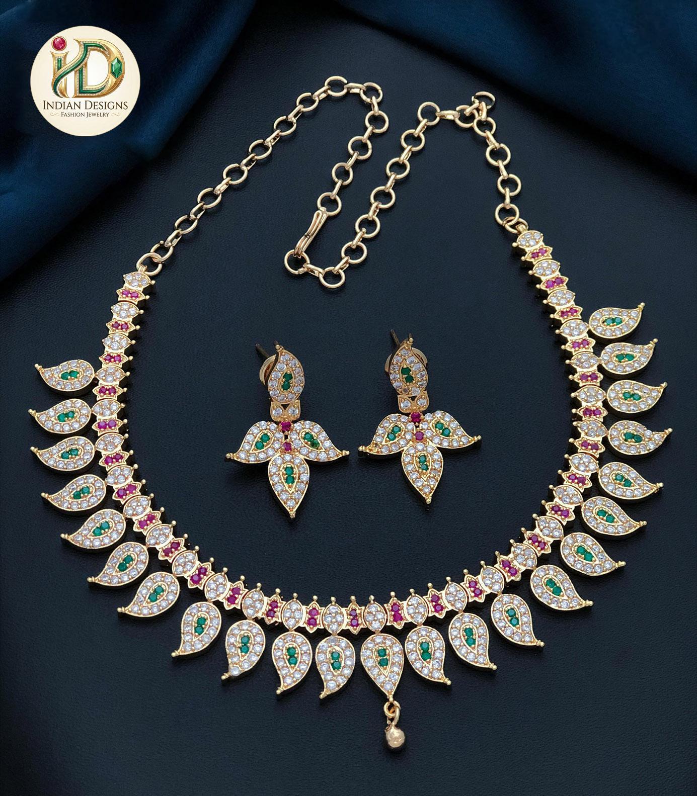 American diamond mango design simple choker necklace| south indian style choker | emerald ruby stone necklace| gold choker necklace design