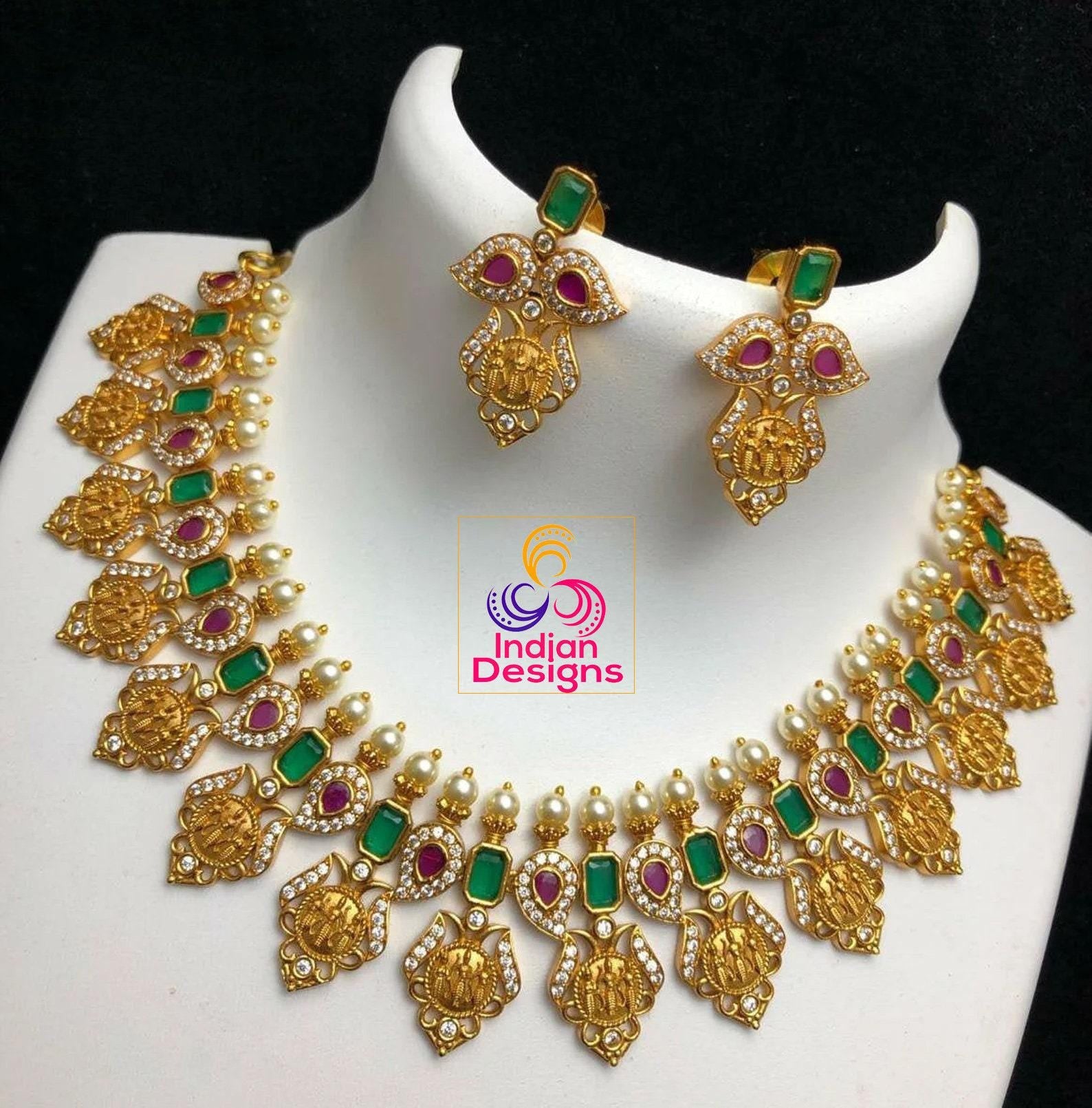 South indian ram parivar necklace set | matte finish gold plated green- red kemp stone ramparivaar choker necklace | temple jewelry necklace