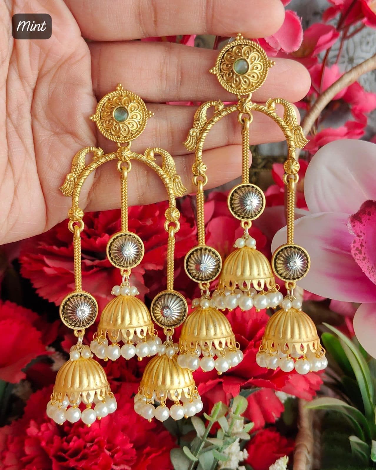 Antique Gold Triple Jhumka Earrings| Long Peacock Jhumki| Oxidized Silver & Gold Indian Statement Earrings| Bohemian Ethnic Jewelry