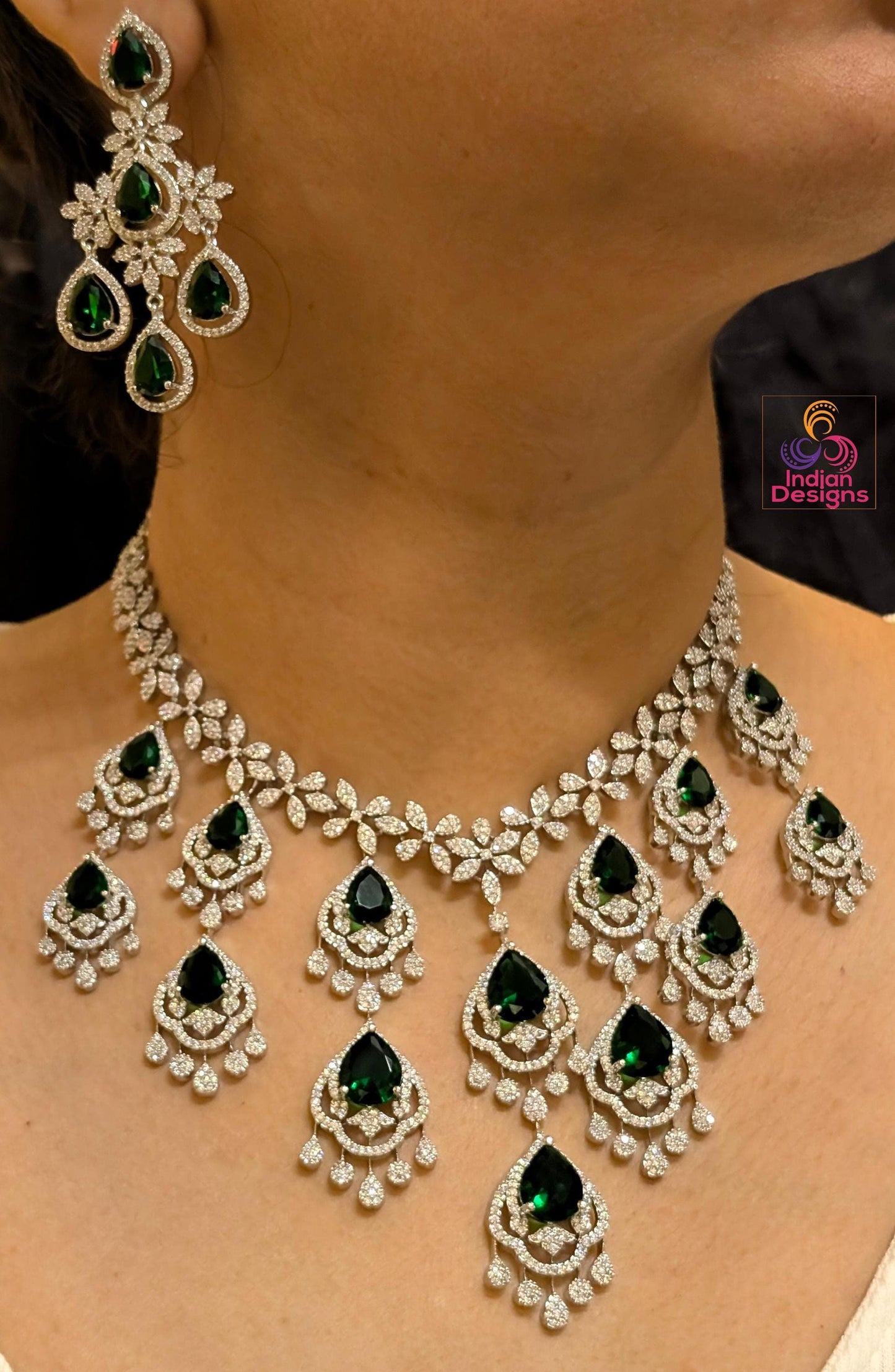 Silver polish cz ad stone necklace and matching earrings| american diamond wedding statement jewelry| indian jewelry| party wear necklace