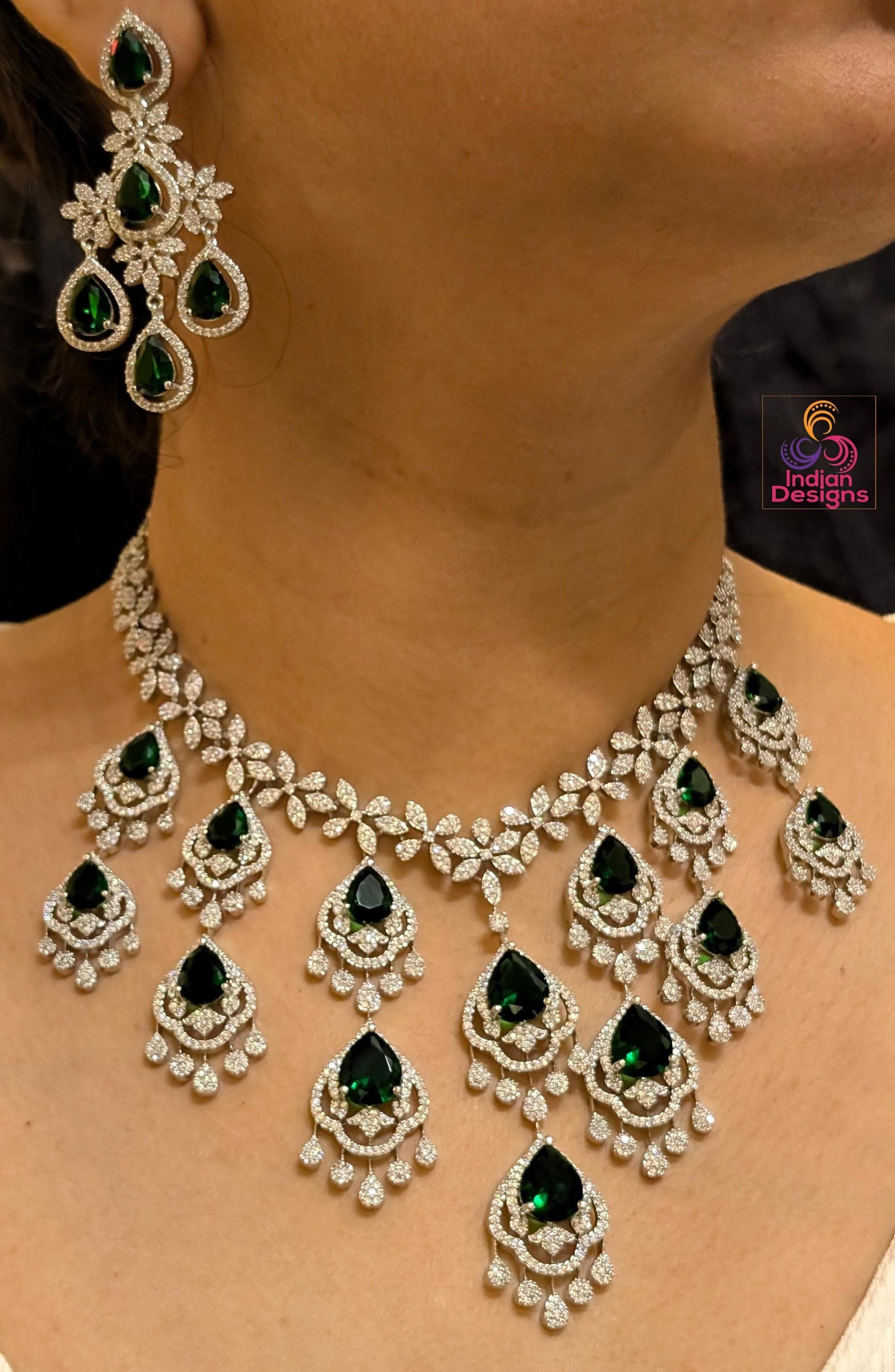 Silver polish cz ad stone necklace and matching earrings| american diamond wedding statement jewelry| indian jewelry| party wear necklace
